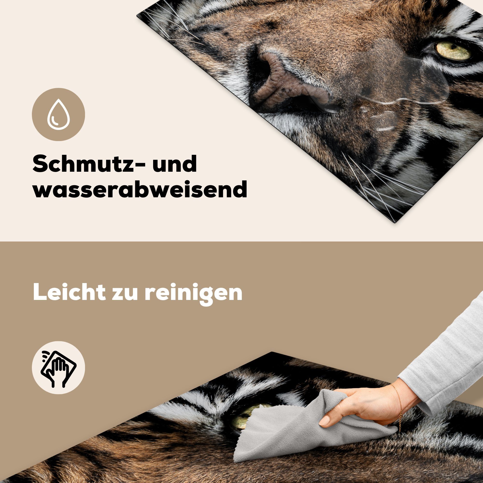 MuchoWow Herdblende-/Abdeckplatte Tiger - Tier, Vinyl, tlg), für cm, die Induktionskochfeld Schutz Ceranfeldabdeckung Nahaufnahme 81x52 - (1 küche