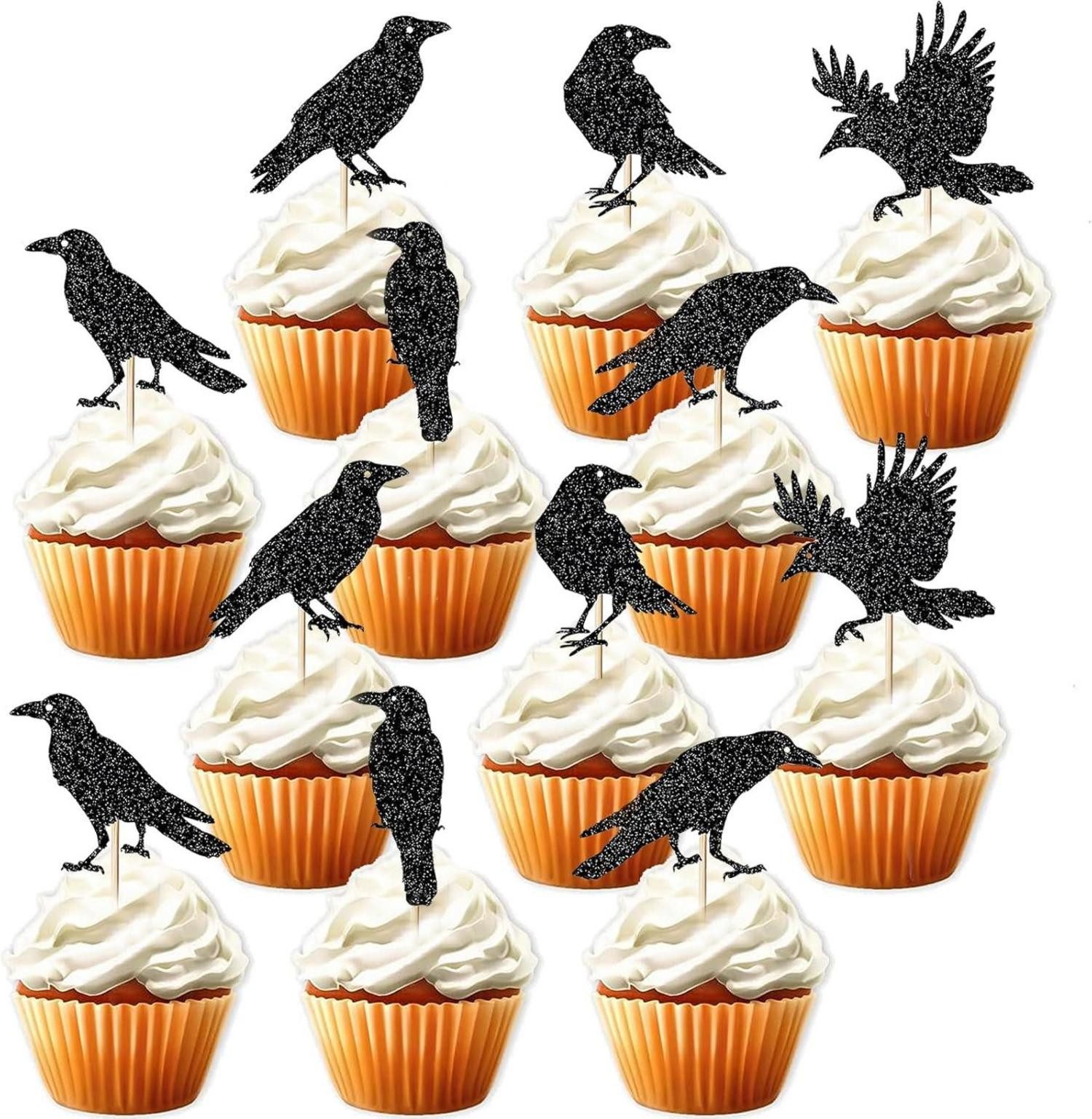 Dekohänger 12er Set Halloween Cupcake Toppers Krähen Party Deko Schwarz