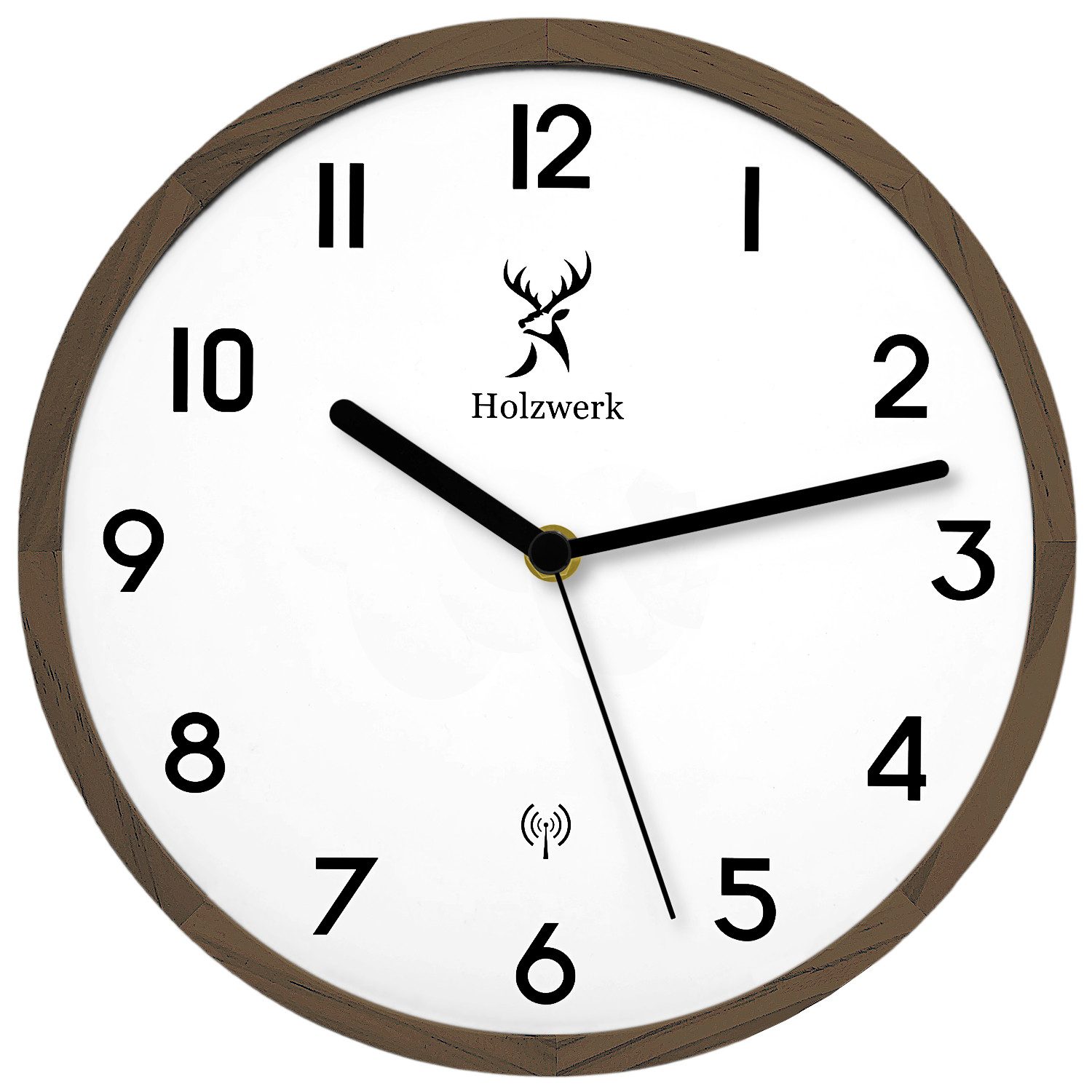 Holzwerk Funkwanduhr moderne Designer Funk Holz Wand Uhr mit Ziffern (Nahezu lautloses Uhrwerk, analog, 25 cm)