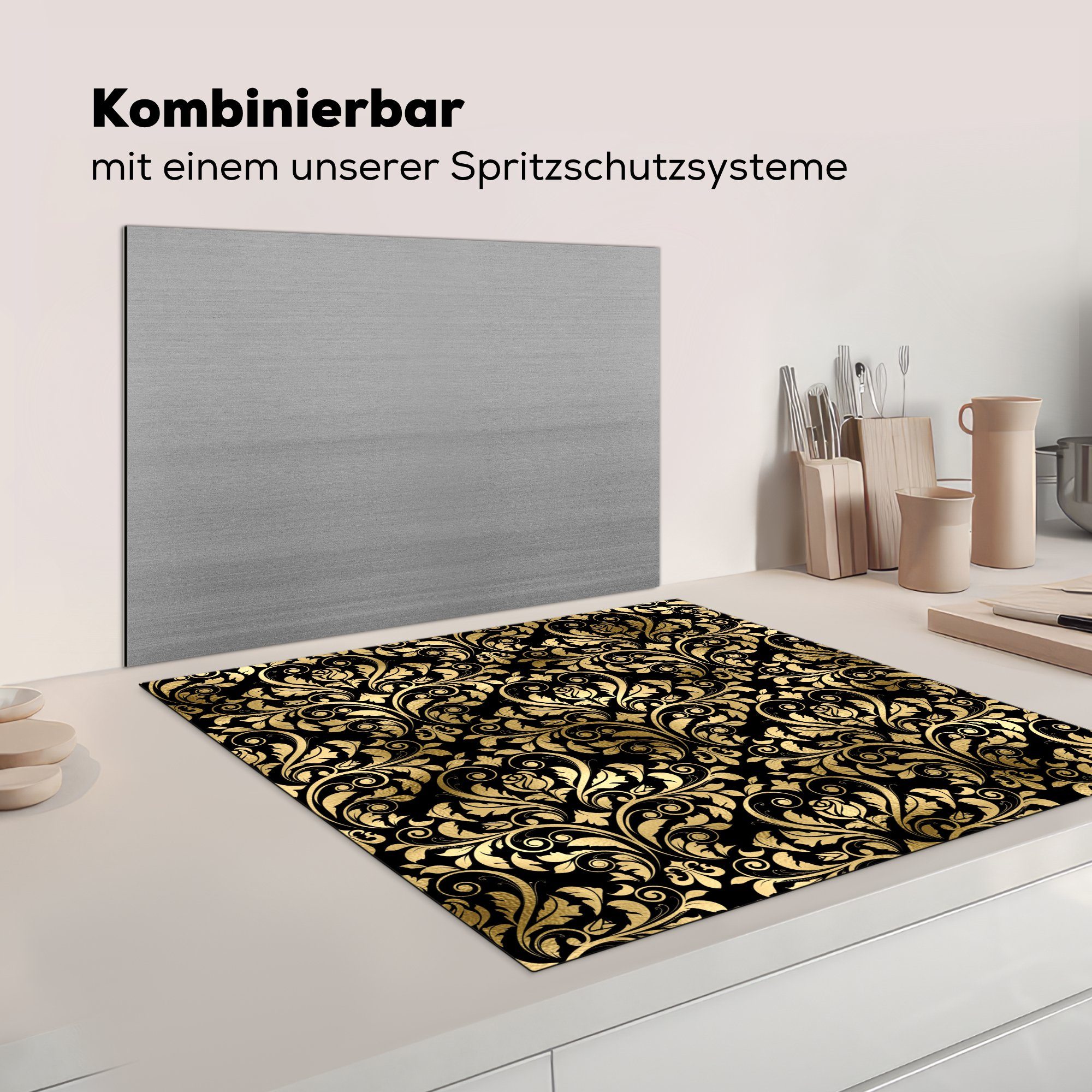 78x78 Vinyl, Schwarz, küche tlg), Barock MuchoWow Herdblende-/Abdeckplatte - - Gold Ceranfeldabdeckung, (1 - für cm, Arbeitsplatte Muster