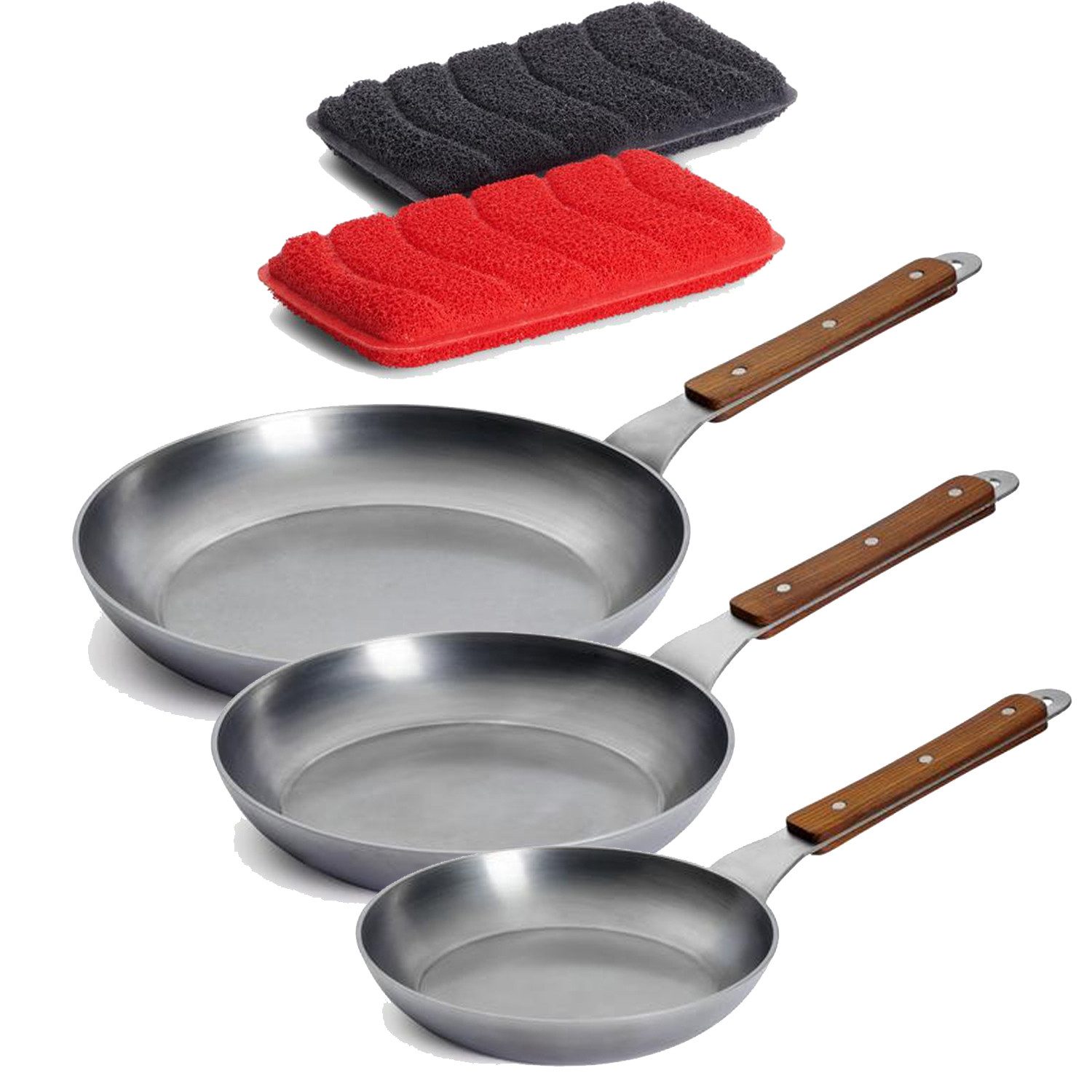 WOLL Сковороды-Set "Carbon Steel" Жаровни inkl. Silikonschwämme, Karbon-Stahl (Set, 3-tlg., 3 Flachpfannen 1x Ø 20 cm, 1x Ø 24 cm, 1x Ø 28 cm), Induktionsgeeignet