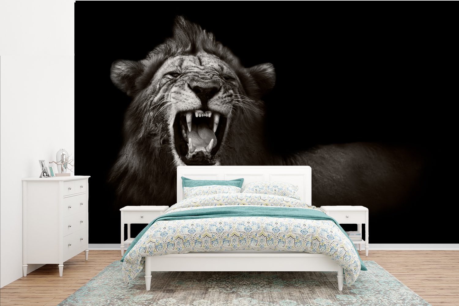 Löwe oder Matt, MuchoWow - - Wohnzimmer Fototapete bedruckt, Schwarz (7 St), Vinyl Wandtapete Tapete Wild - für Schlafzimmer, Weiß,