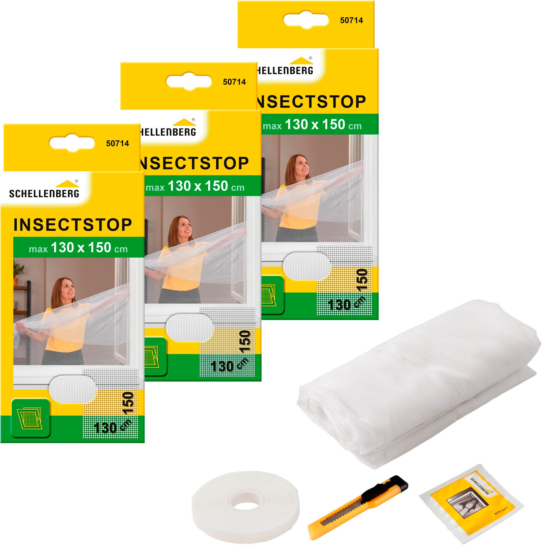 SCHELLENBERG Fliegengitter-Gewebe für Fenster ohne bohren, (Set, 3-St), Insektenschutz inkl. Befestigungsband, 130 x 150 cm, anthrazit, weiß