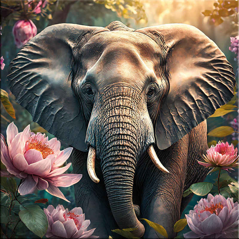 artissimo Glasbild Glasbild 30x30cm Bild aus Glas Boho-Style Blumen Blüten rosa grün, Tiere: Vintage Elefant