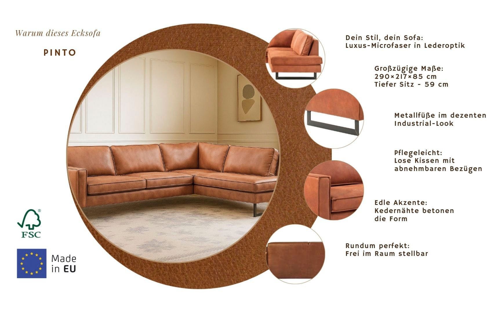 Home affaire Ecksofa Pinto, 290 cm, Cord, Chenille, Lederoptik, Ottomane links / rechts, mit Keder, schwarze Metallfüße, Wellenunterfederung