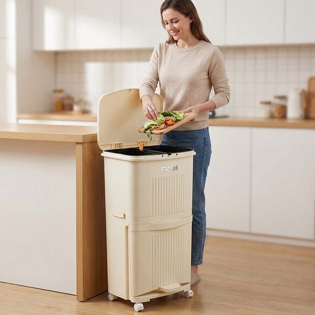 POPOLIC Mülleimer 36L Doppelfass Nass- und Trockentrennung, Pedaldrückdeckel, Mülltonne