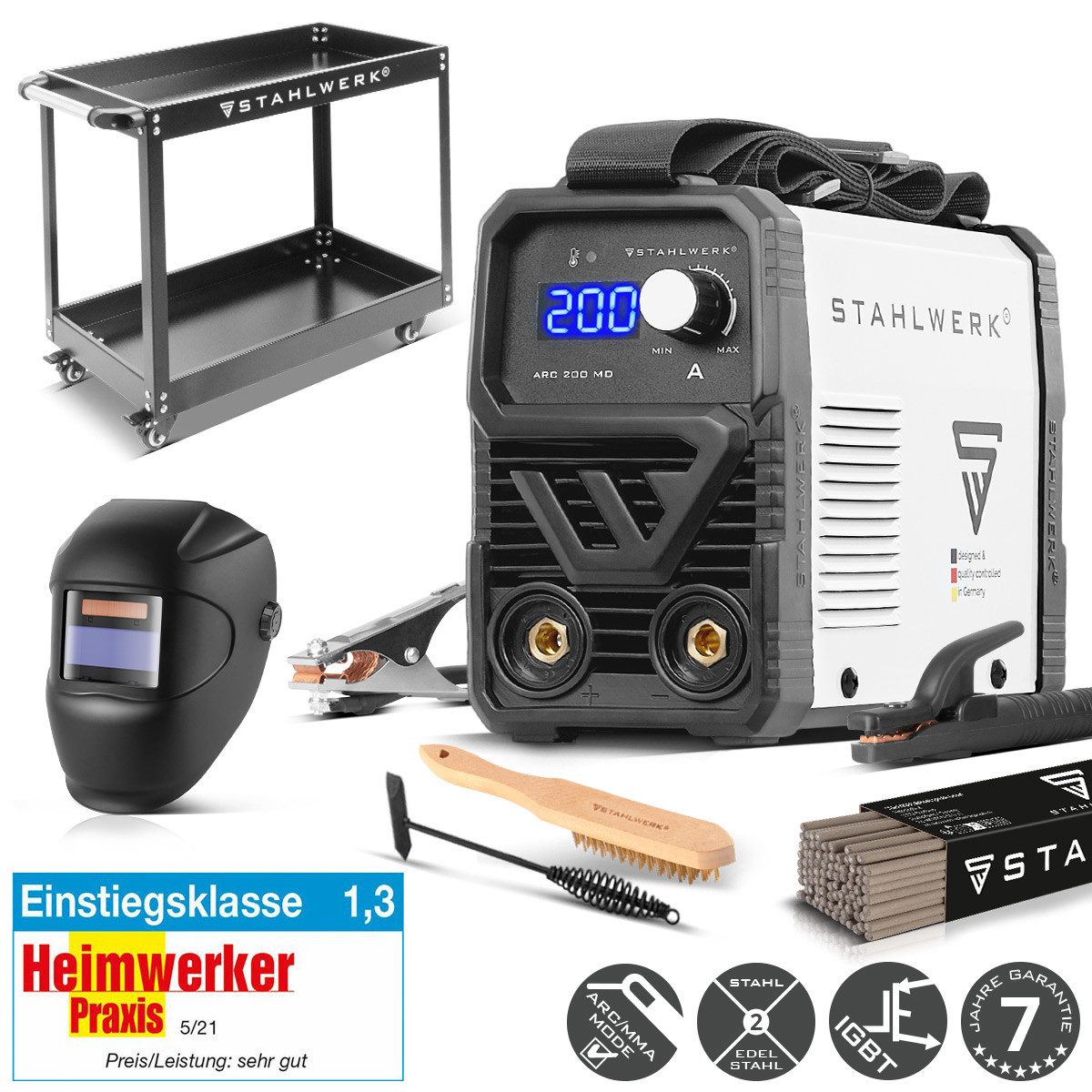 STAHLWERK Inverterschweißgerät Elektroden-Schweißgerät ARC 200 MD - DC Vollausstattung Gerätewagen, 30 - 200 A, Packung}, 7-tlg., Einzelgerät, zu einem DC WIG-Schweißgerät erweiterbar