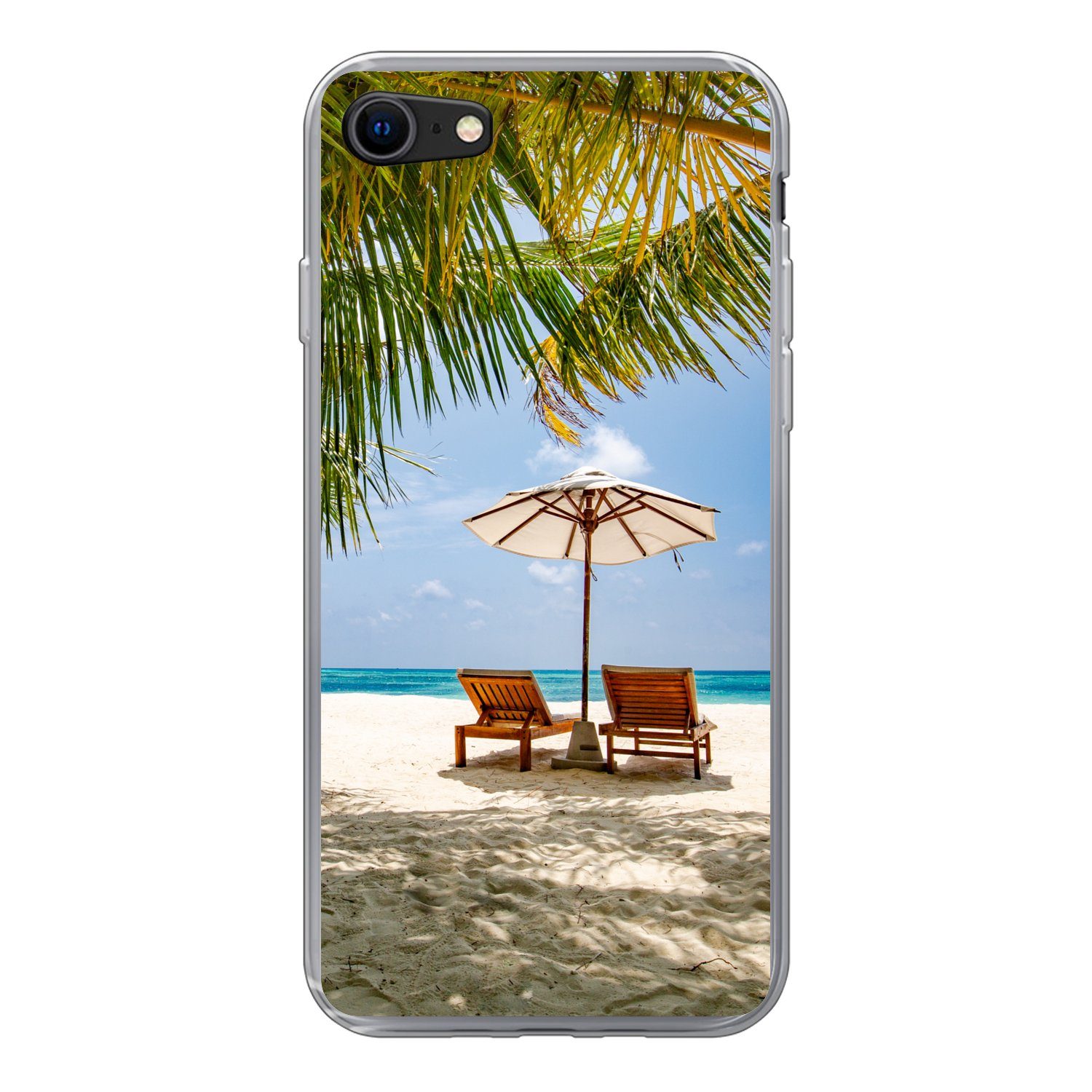 MuchoWow Handyhülle für Apple iPhone 8 Strandkorb - Sonnenschirm - Palme, Smartphone-Bumper, Print, Handy Schutzhülle Dünn