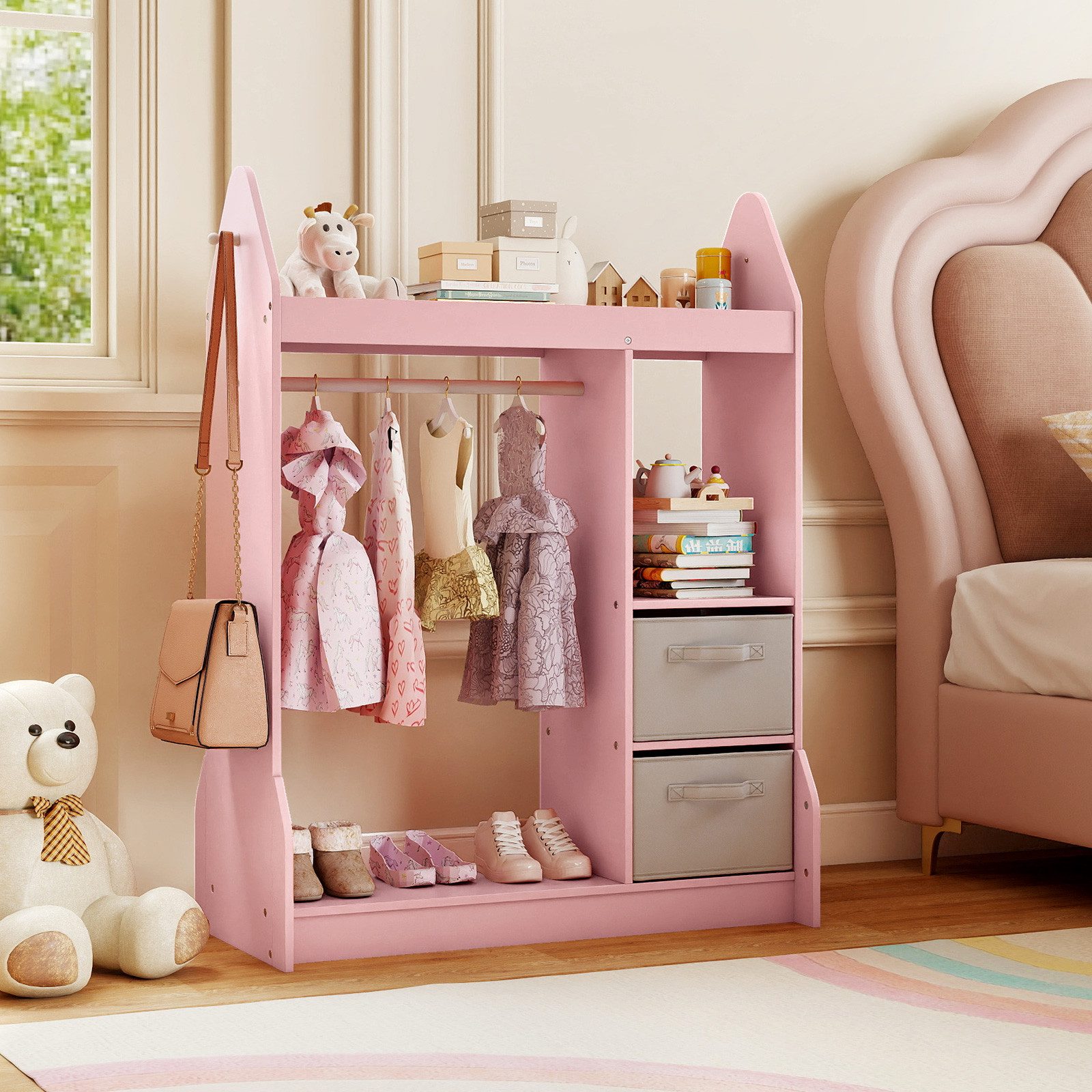 COSTWAY Kleiderständer, Kinderspiel-Kleiderschrank mit Acrylspiegel, Kleiderbügel