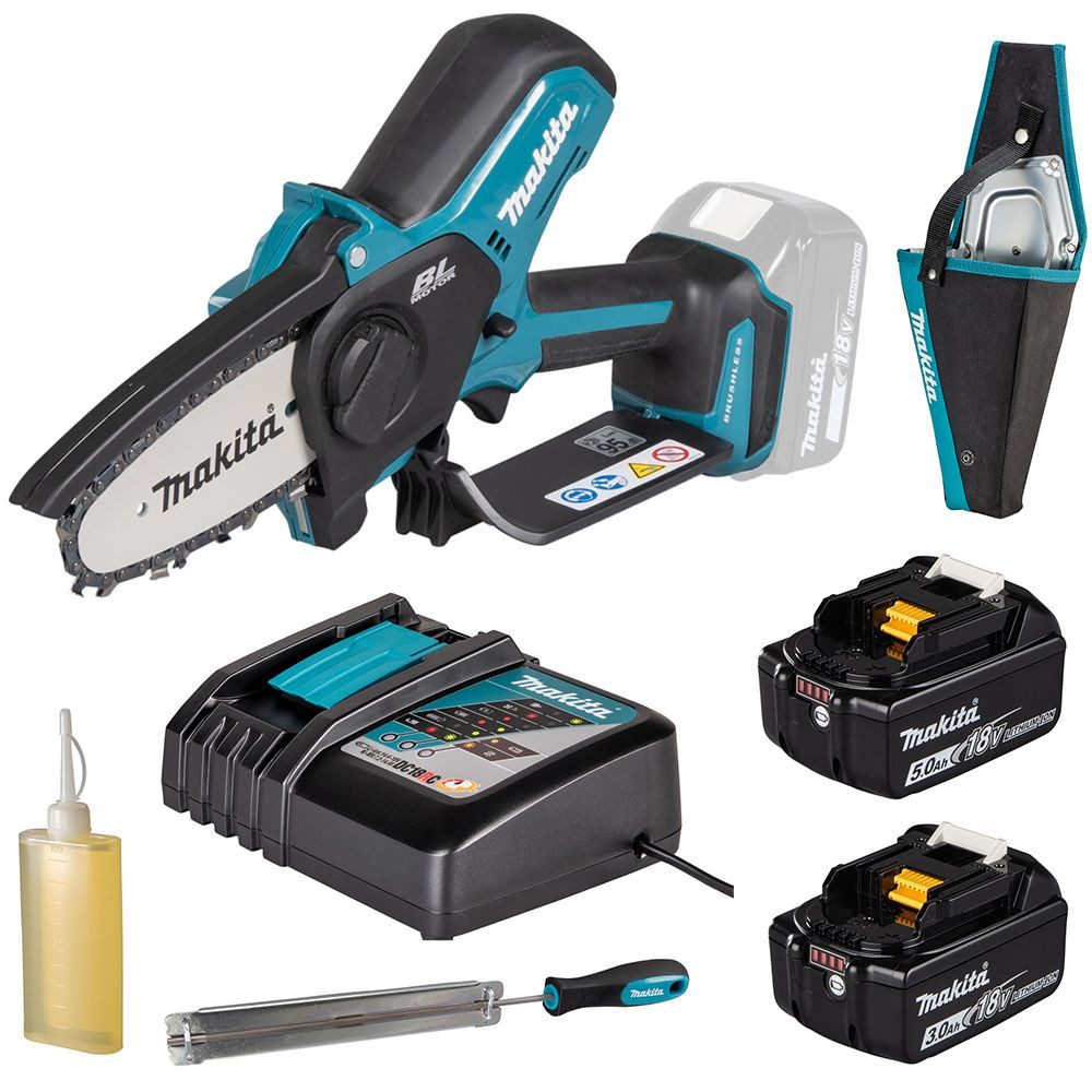 Makita Elektro-Kettensäge Makita Akku-Astsäge DUC101 mit 5Ah+3Ah Akku, Ladegerät, Holster, Fei
