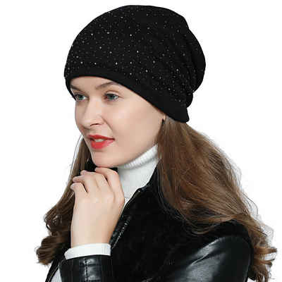 DonDon Beanie Damen Slouch Nieten (Packung, 1-St) Wintermütze, Beanie mit Pailletten und Teddyfleece