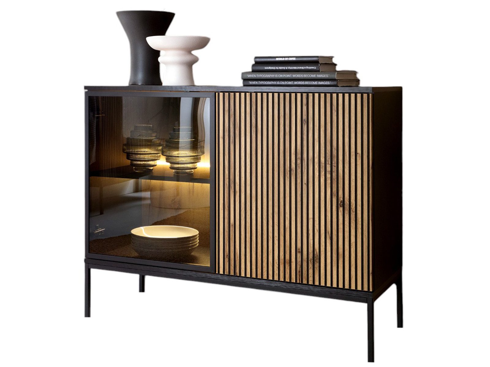 Compleo Kommode LINO (mit Fronten gefräst und gehärtetem Glas) Loft/Modern stil