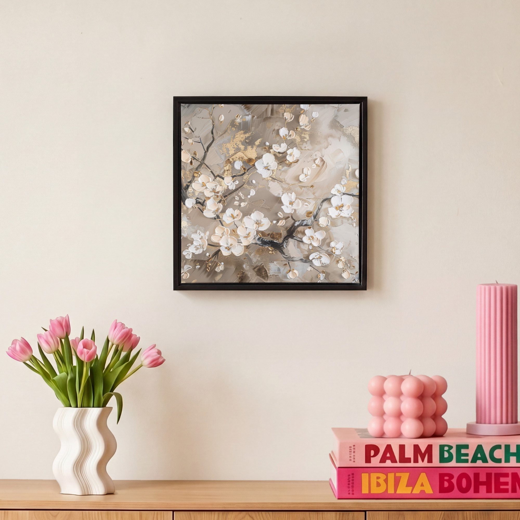 OneMillionCanvasses® Leinwandbild mit Rahmen - Blumen - Weiß - Gold - Beige - Luxus, Fotodruck (1 St), Leinwand Bilder Klein, Wand Dekoration Aesthetic 20x20cm – Bild 4 von 5