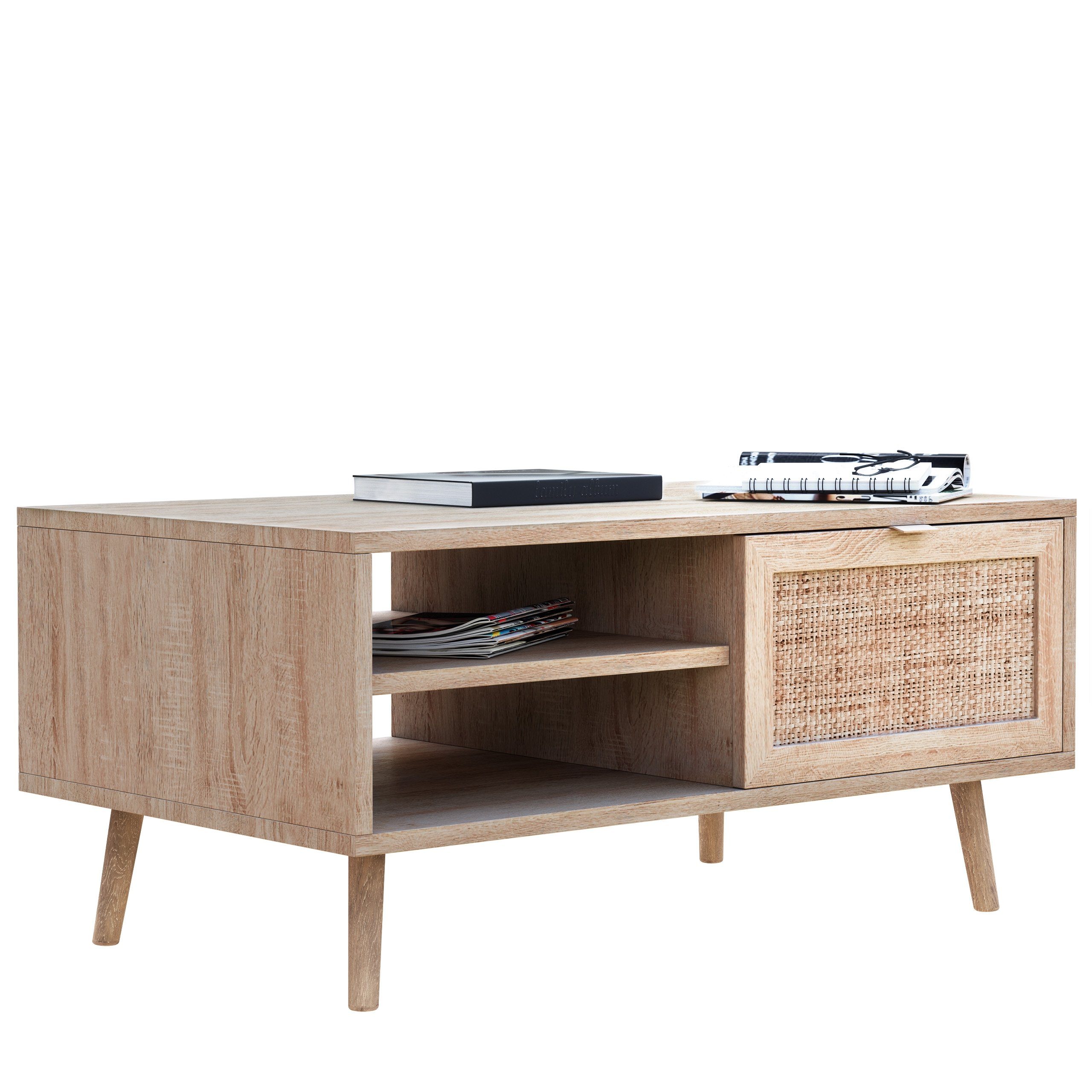 Skandinavisch Mila, Newroom Couchtisch Modern Boho Eiche Optik Sonoma Wohnzimmertisch Rattan