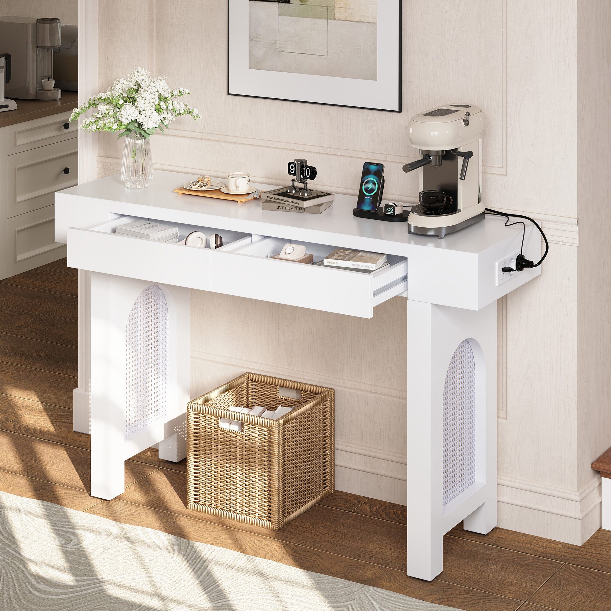HAUSS SPOLE Konsolentisch mit Schubladen&Steckdosenleiste Gitterdesign,Beistelltisch in Weiß (Wohnzimmertisch Frisiertisch mit Gitterdesign und verstellbaren Fußpolstern, für kleine Gegenstände des täglichen Bedarfs), Schmaler Kosmetiktisch Schminkkommode mit Stauraum und Tischbeinen