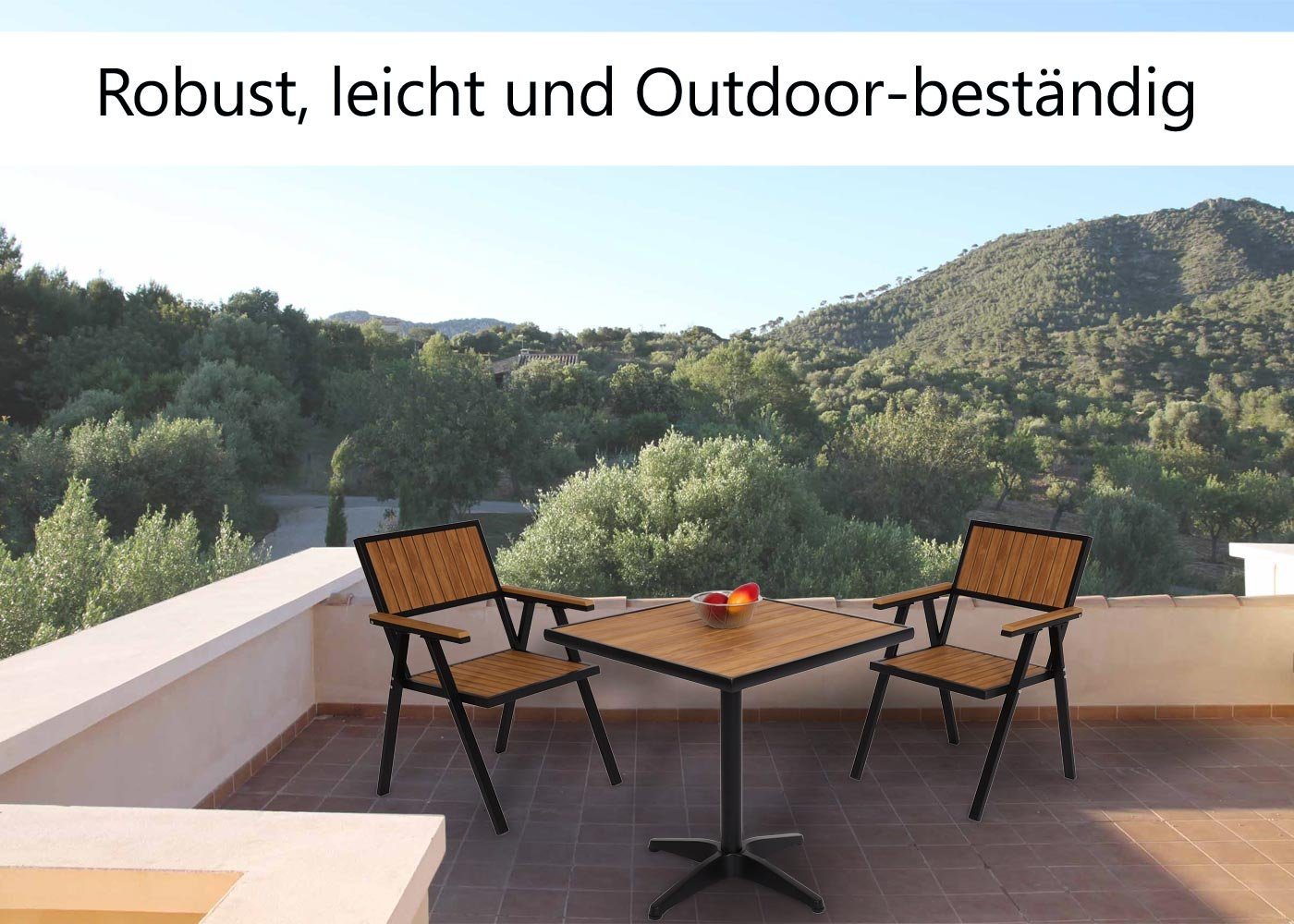 Gartenstühlen braun kombinierbar, MCW-J95-T, passenden MCW Mit Gartentisch Outdoor teak Pulverbeschichtung schwarz,