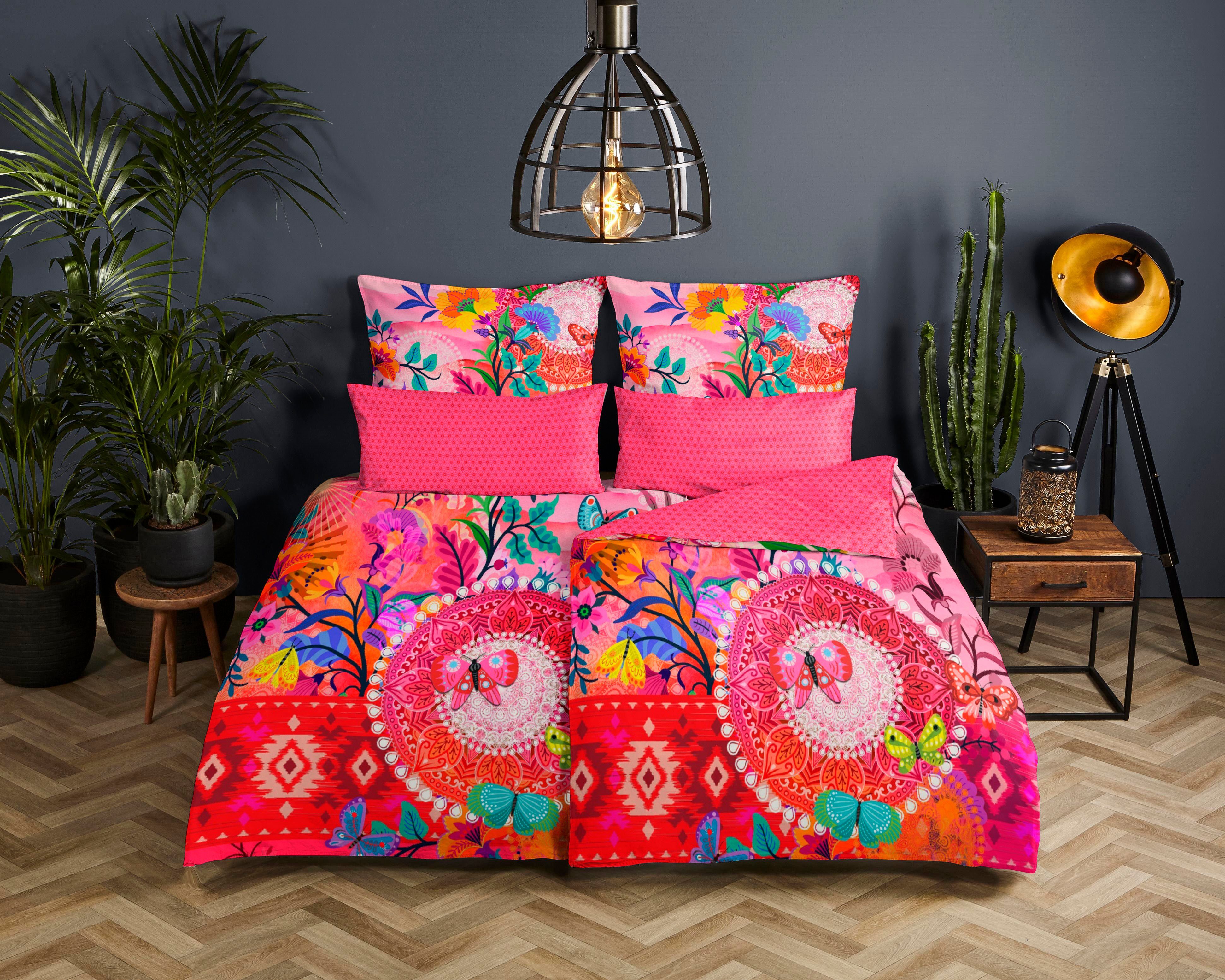 hip Wendebettwäsche Giselah, Satin, 2 teilig, Mako-Satin, 135x200, Reißverschluss, Wendeoptik, Mandala, Bunt, Rosa