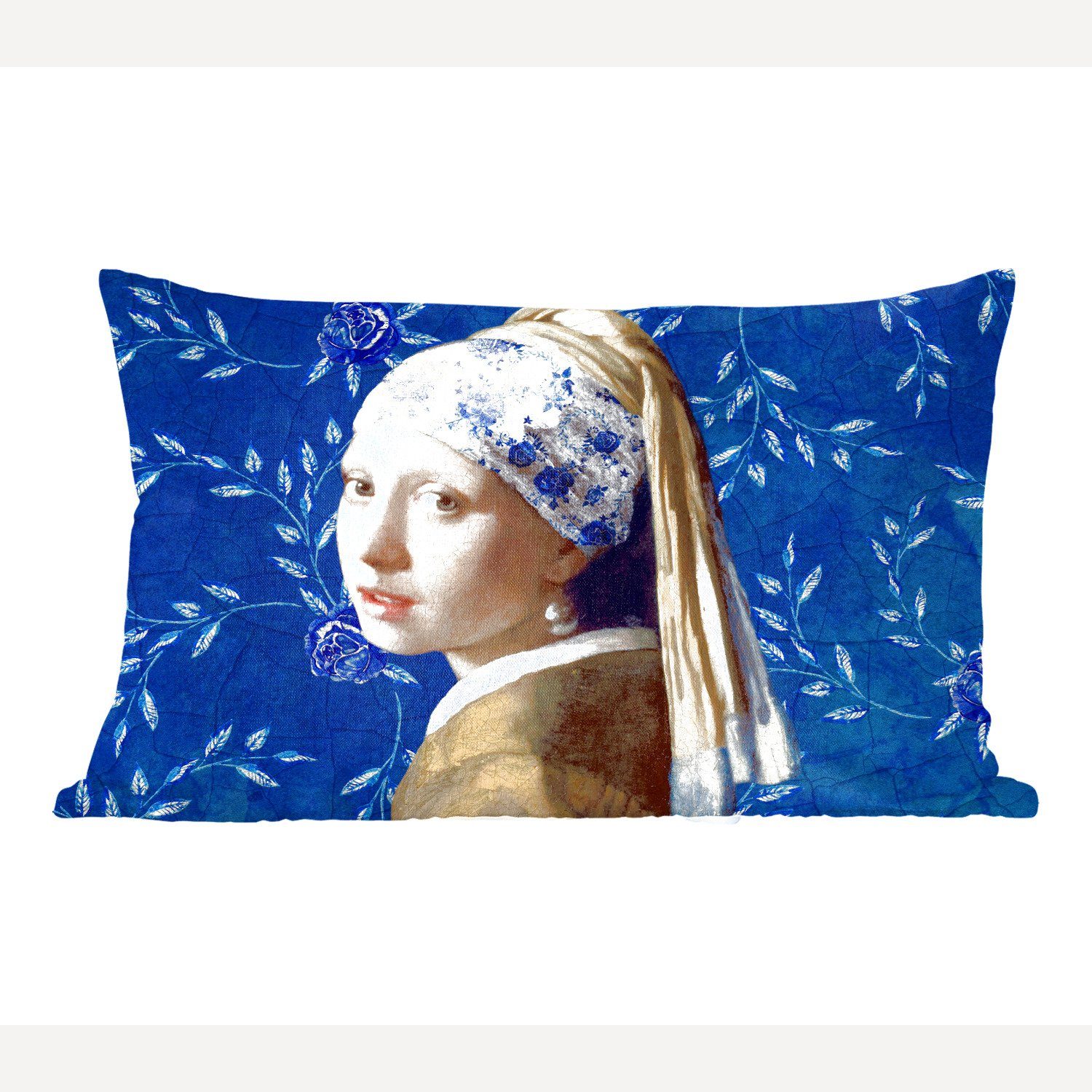 MuchoWow Dekokissen Mädchen mit Perlenohrring - Delfter Blau - Vermeer - Blumen - Gemälde, Wohzimmer Dekoration, Zierkissen, Dekokissen mit Füllung, Schlafzimmer