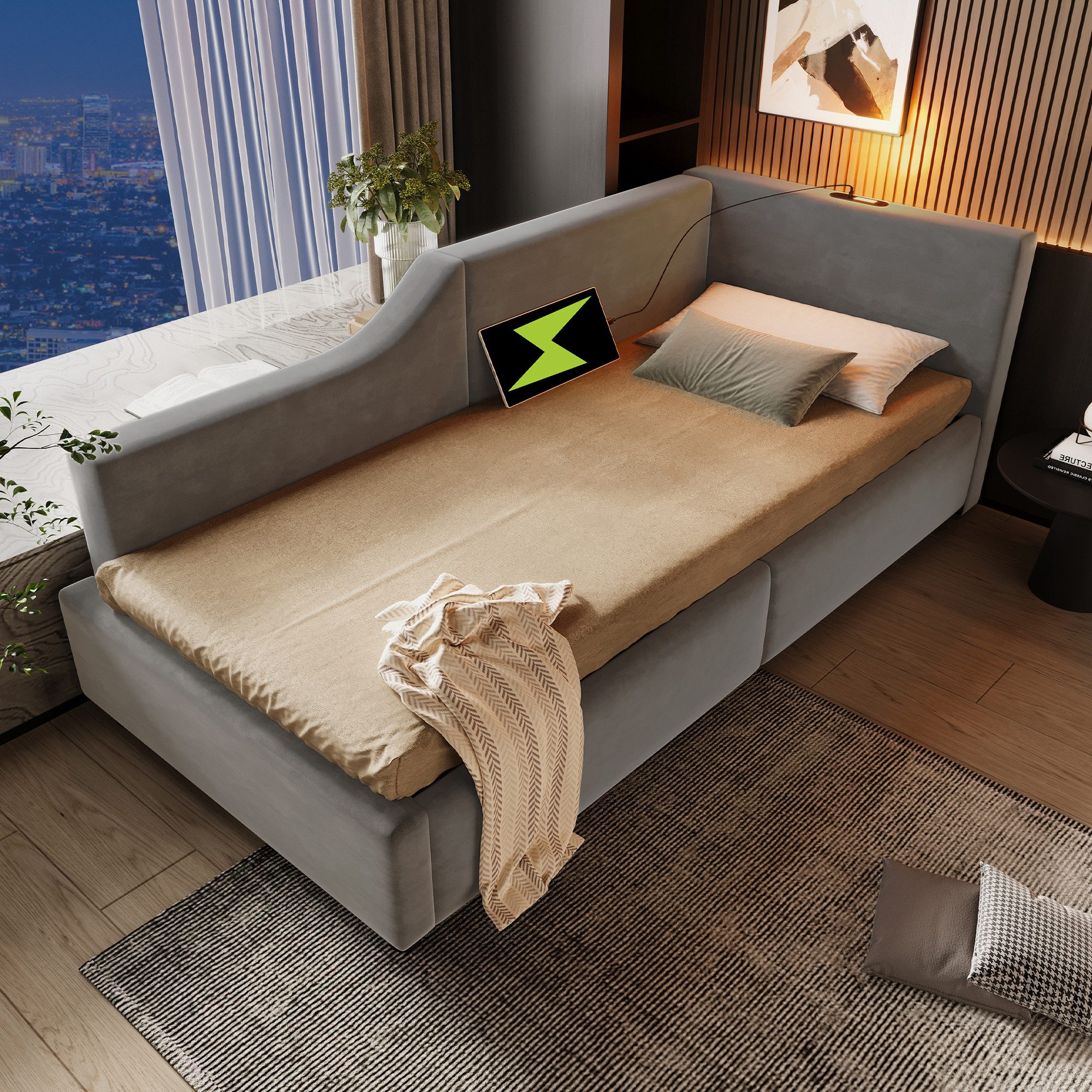 Flieks Polsterbett, Daybett 90x200cm mit hydraulischem Stauraum Leselicht L günstig online kaufen