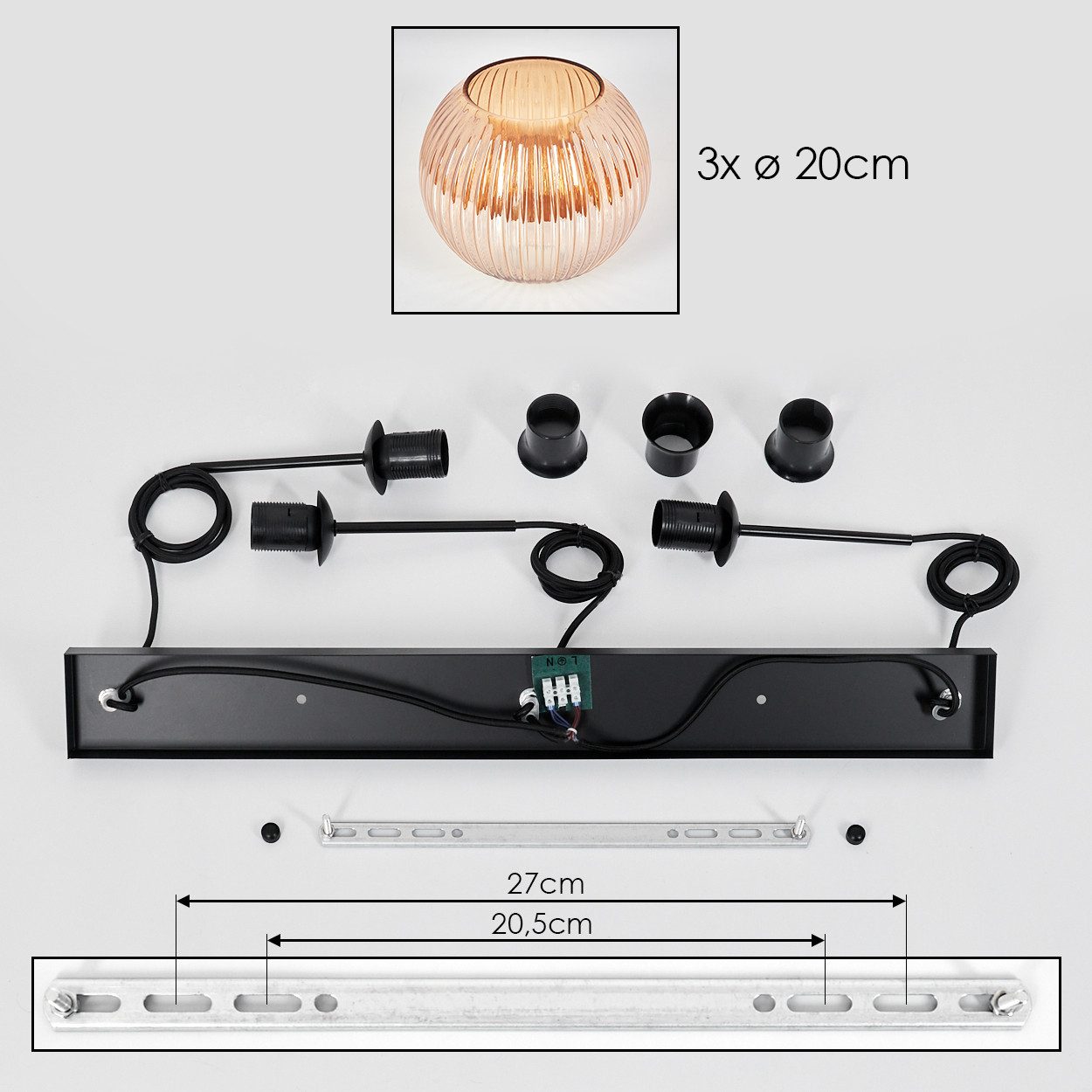hofstein Hängeleuchte 3-flammige Hängelampe aus Metall/Riffelglas in Schwarz/Bernstein, ohne Leuchtmittel, moderne Pendelleuchte im Retro/Vintage-Design (Schirme Ø 20 cm), E27