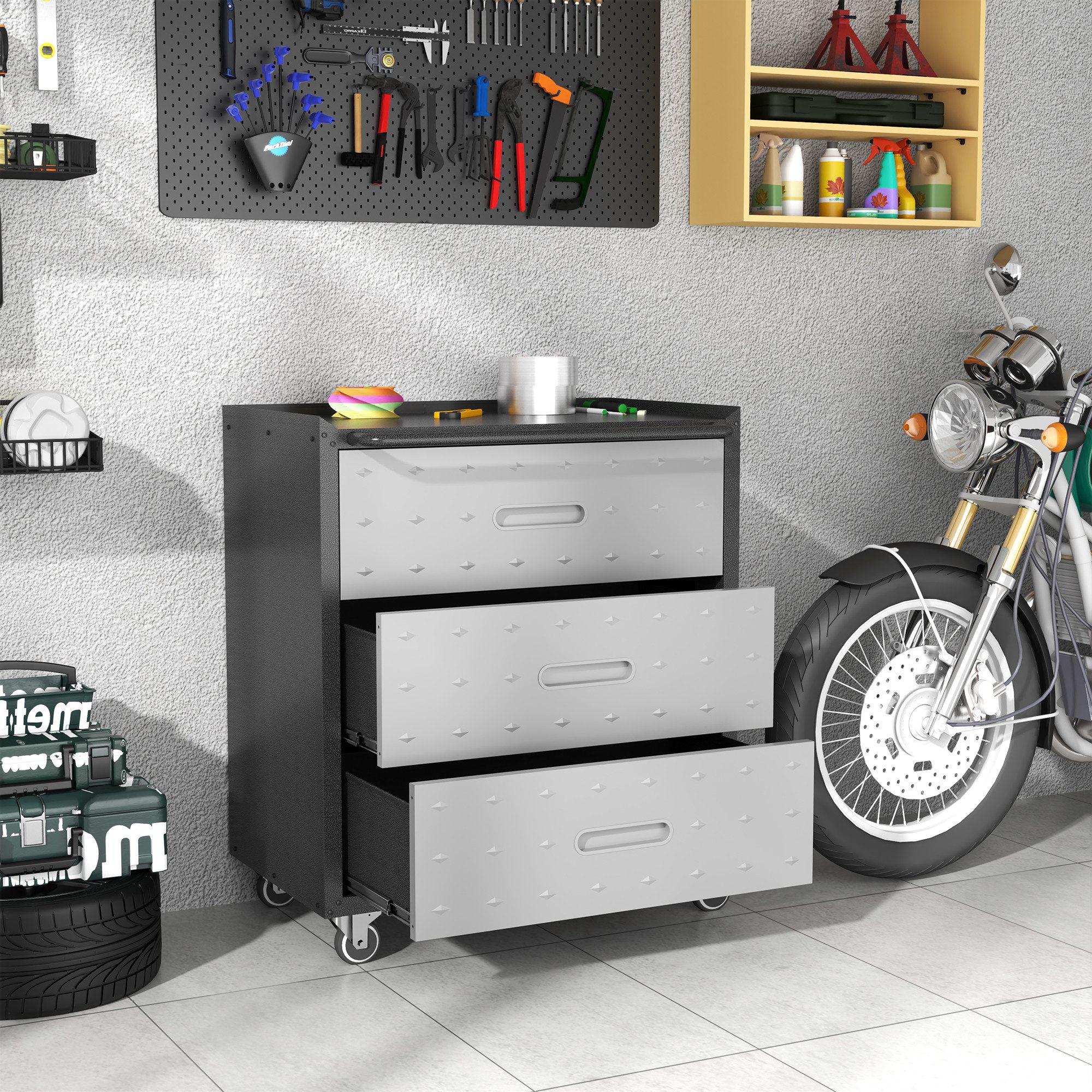 Odikalo Werkzeugschrank Heavy-Duty Metall mit Rollen 3-Schubladen-Tool-Cabinet grau/schwarz 75 × 42 × 88 cm