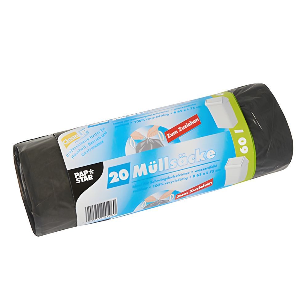 PAPSTAR Müllbeutel Müllsäcke mit Zugband, LDPE 60 l 75 cm x 65 cm grau 22 my 20 Stk