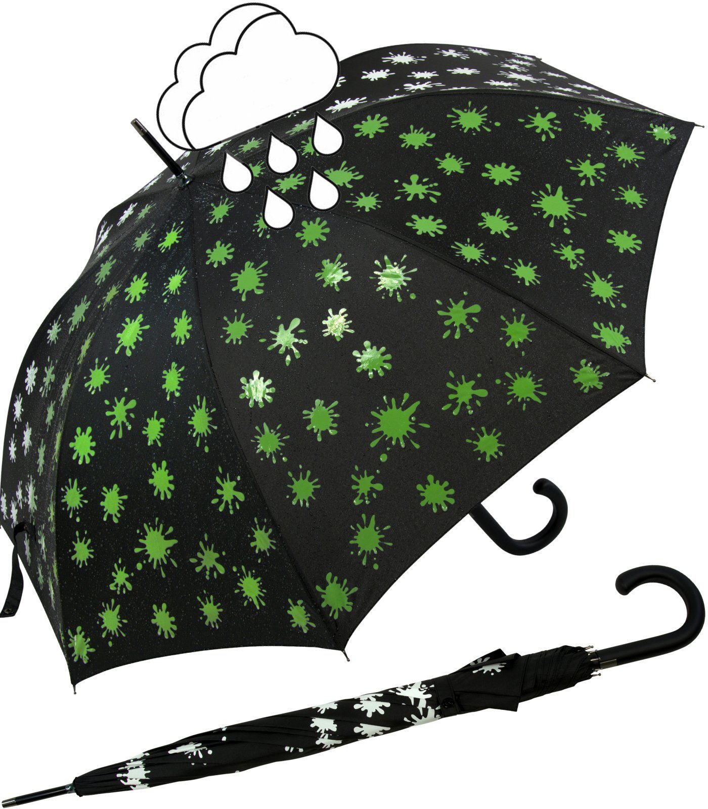 iX-brella Langregenschirm iX-brella Damenschirm mit Automatik und Wet Print, Farbänderung bei Nässe - Farbkleckse neon-grün schwarz-weiß-neongrün