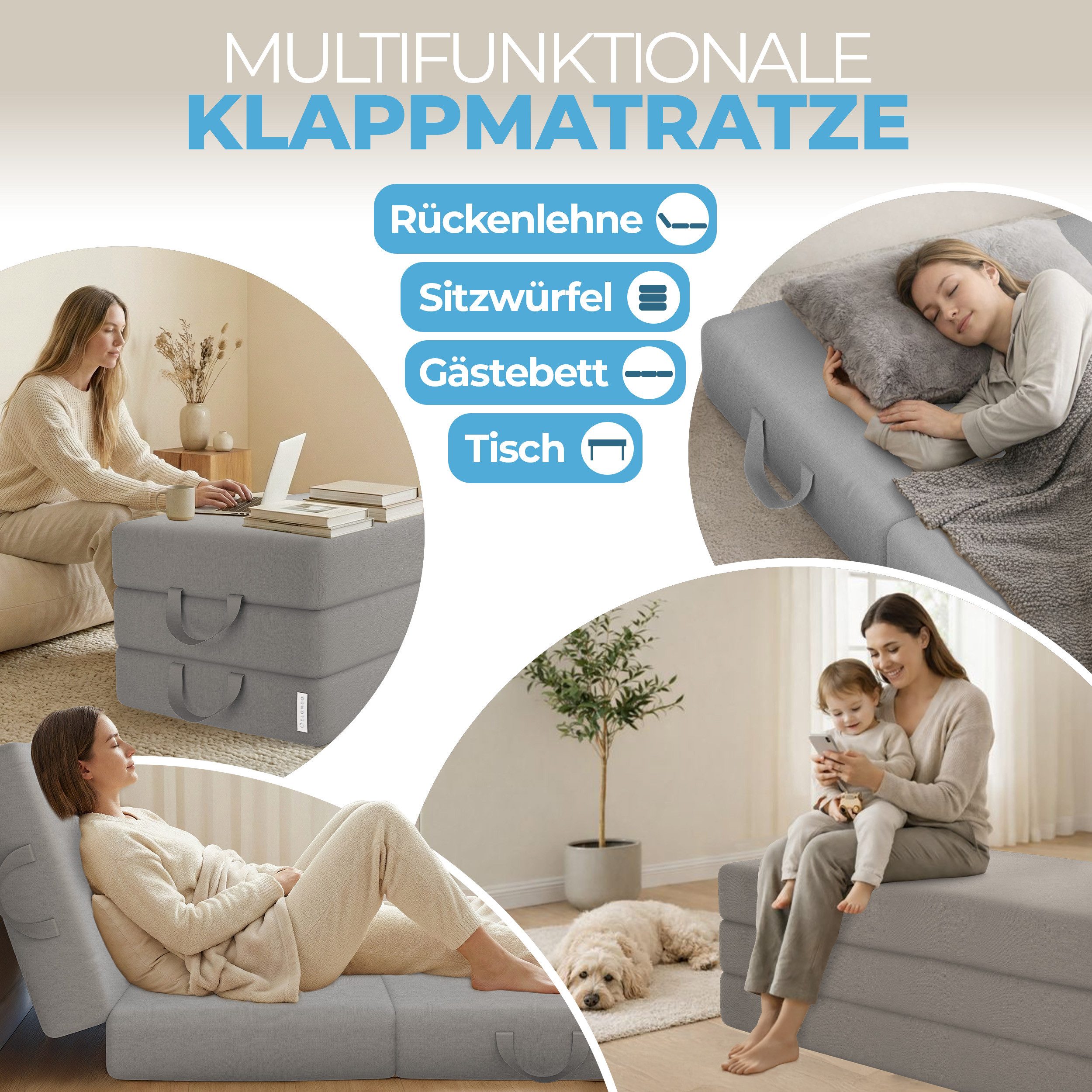 Klappmatratze 3-teilig, Gästematratze mit extra dickem Schaumstoff, ELONEO, 15 cm hoch, waschbarer Bezug, geeignet für Hausstauballergiker, schadstoffgeprüft