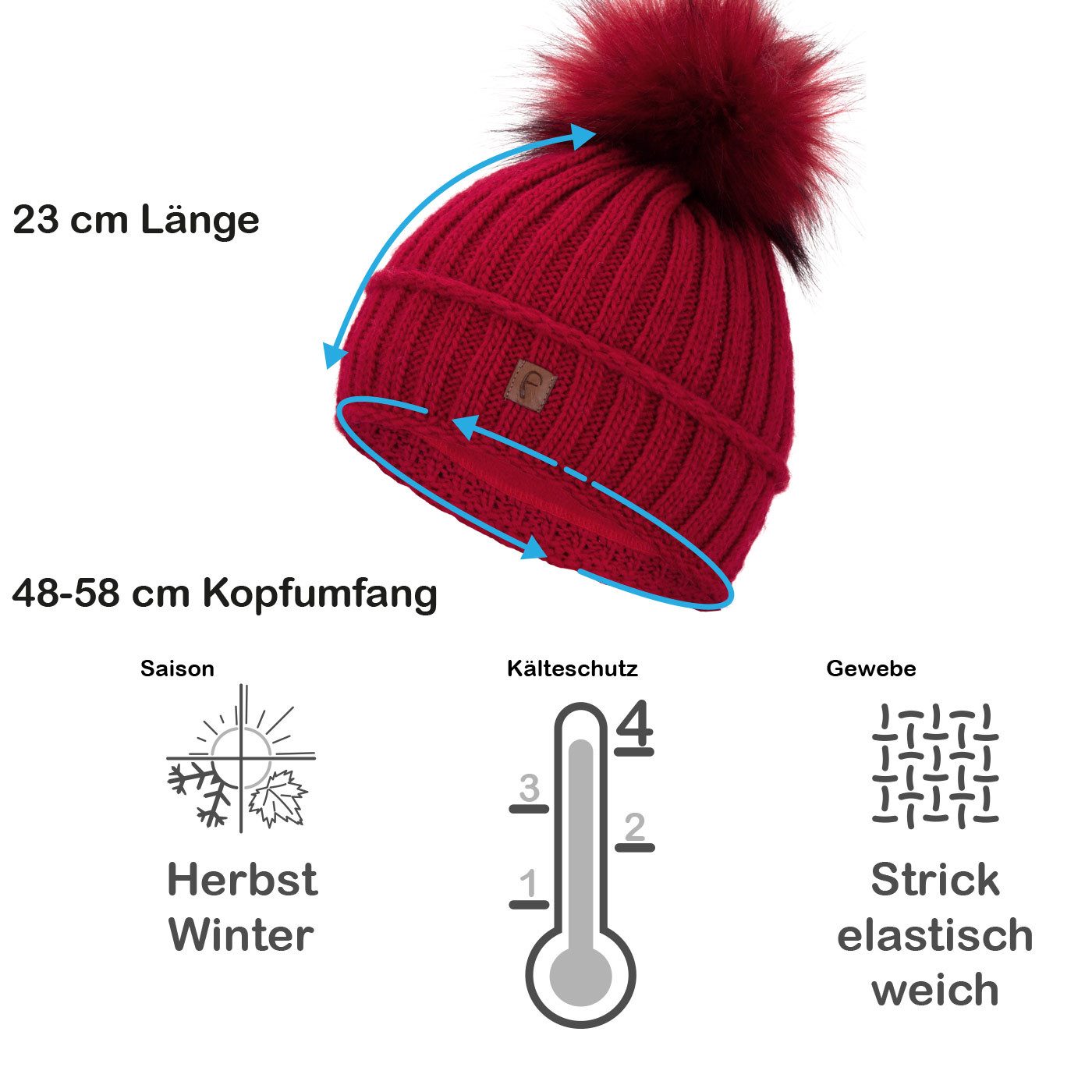 Faera Bommelmütze Wintermütze Damen Herren Mütze Beanie Haube gefüttert Bommelmütze
