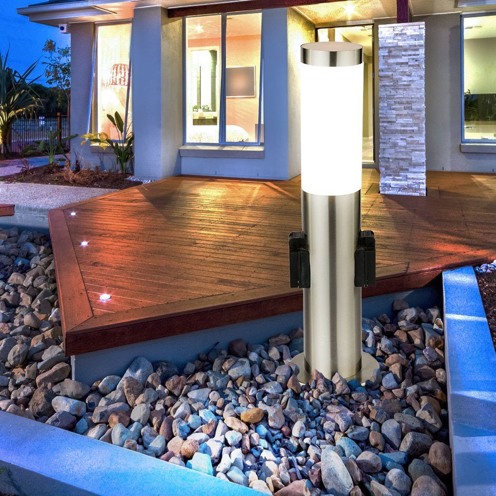 etc-shop LED Außen-Stehlampe, Leuchtmittel inklusive, Warmweiß, 7 Watt LED Edelstahl Stand Steh Beleuchtung Terrasse 2x Steckdosen-