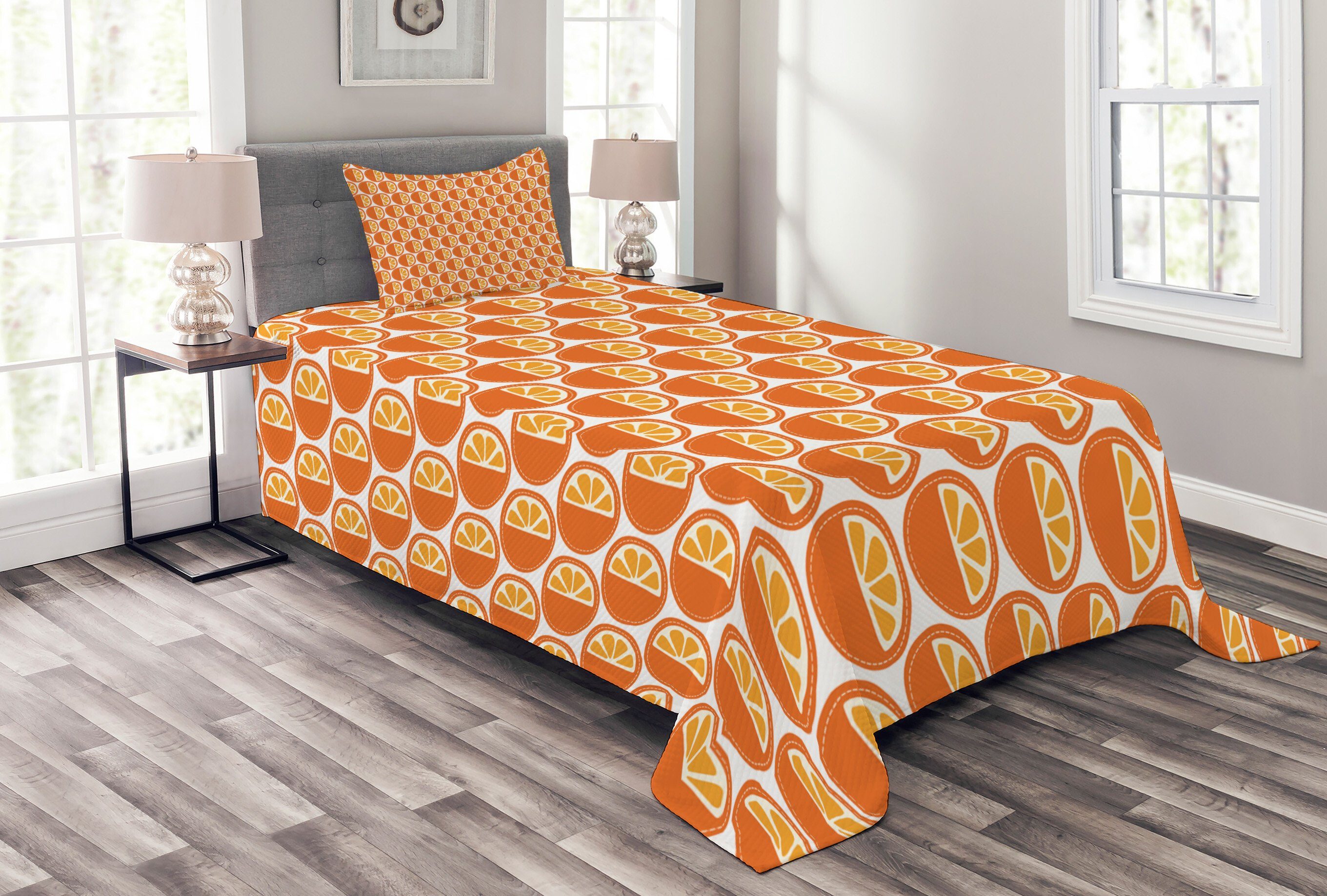 Set Abakuhaus, Cartoon Obst Waschbar, Tagesdecke Kissenbezügen Muster-Kunst orange mit