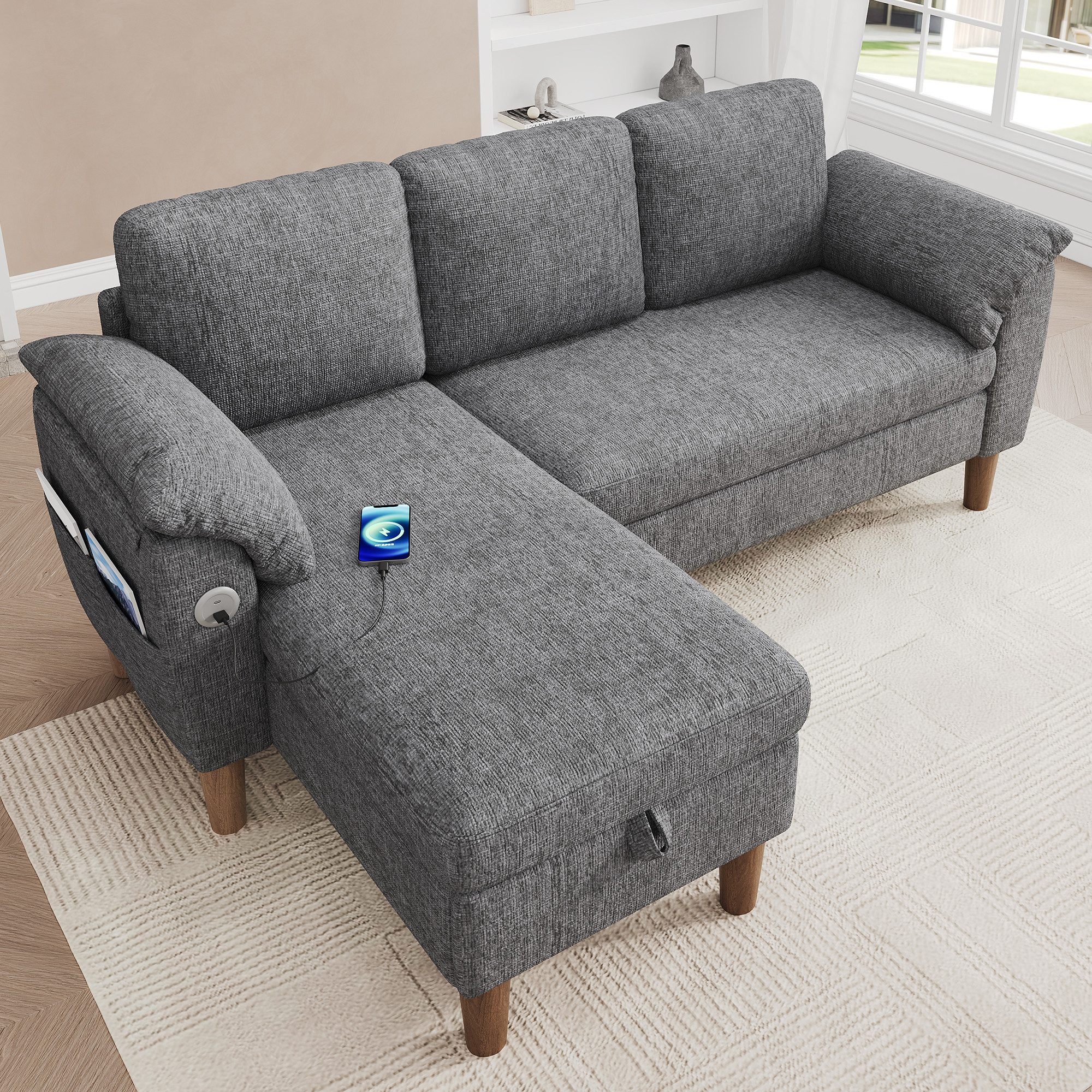 Merax Ecksofa L-förmiges Sofa mit Stauraum-Chaiselongue, links oder rechts montierbar, Couch, Schlafsofa 1 Teile, 3-Sitzer-Sofa mit USB & Type-C Ladeanschluss,  – Bild 3 von 5