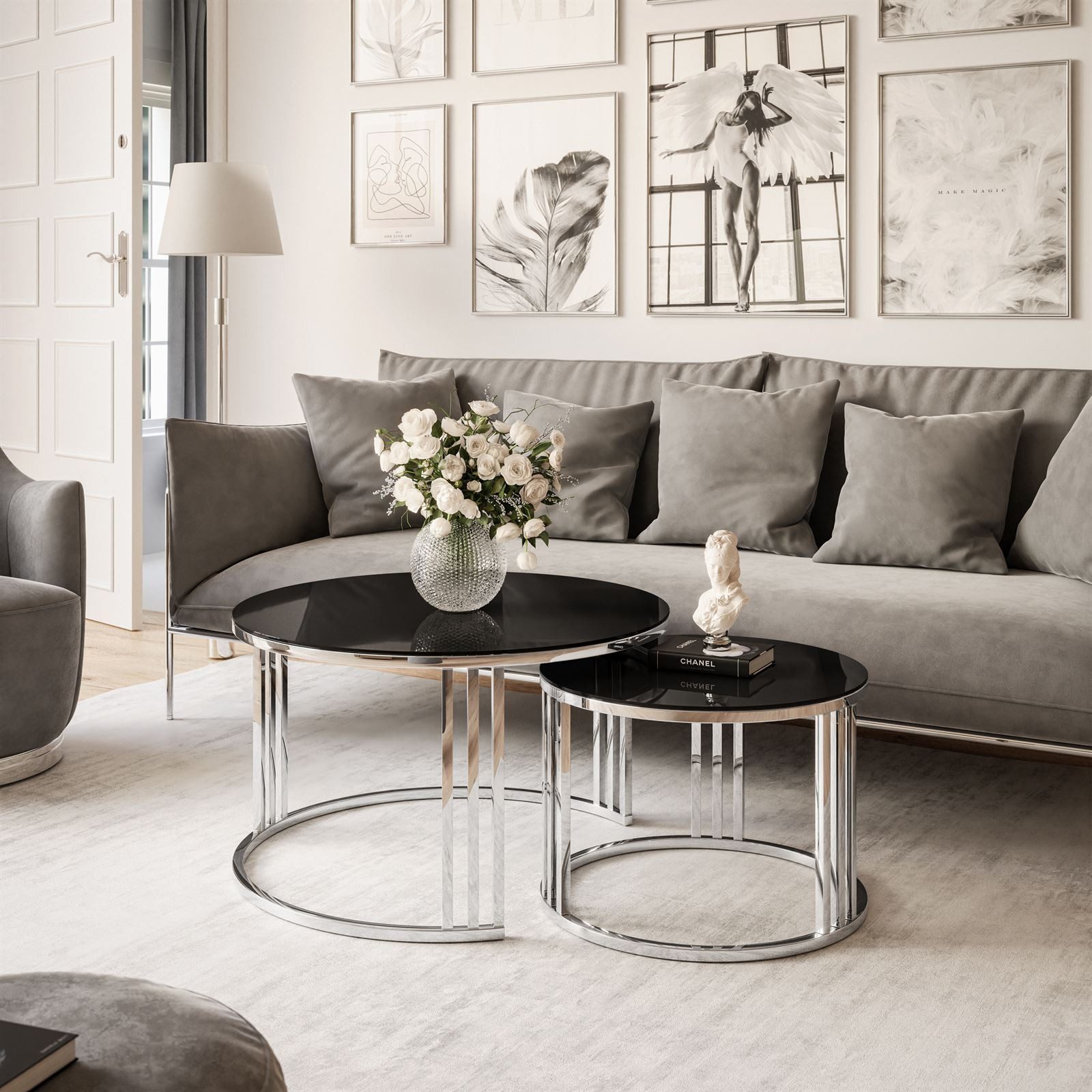 Lookway Couchtisch LORI 2in1 GLASS runder Couchtisch mit silber chrom Gestell (2er Set), Durchmesser: ⌀70 cm und ⌀50 cm