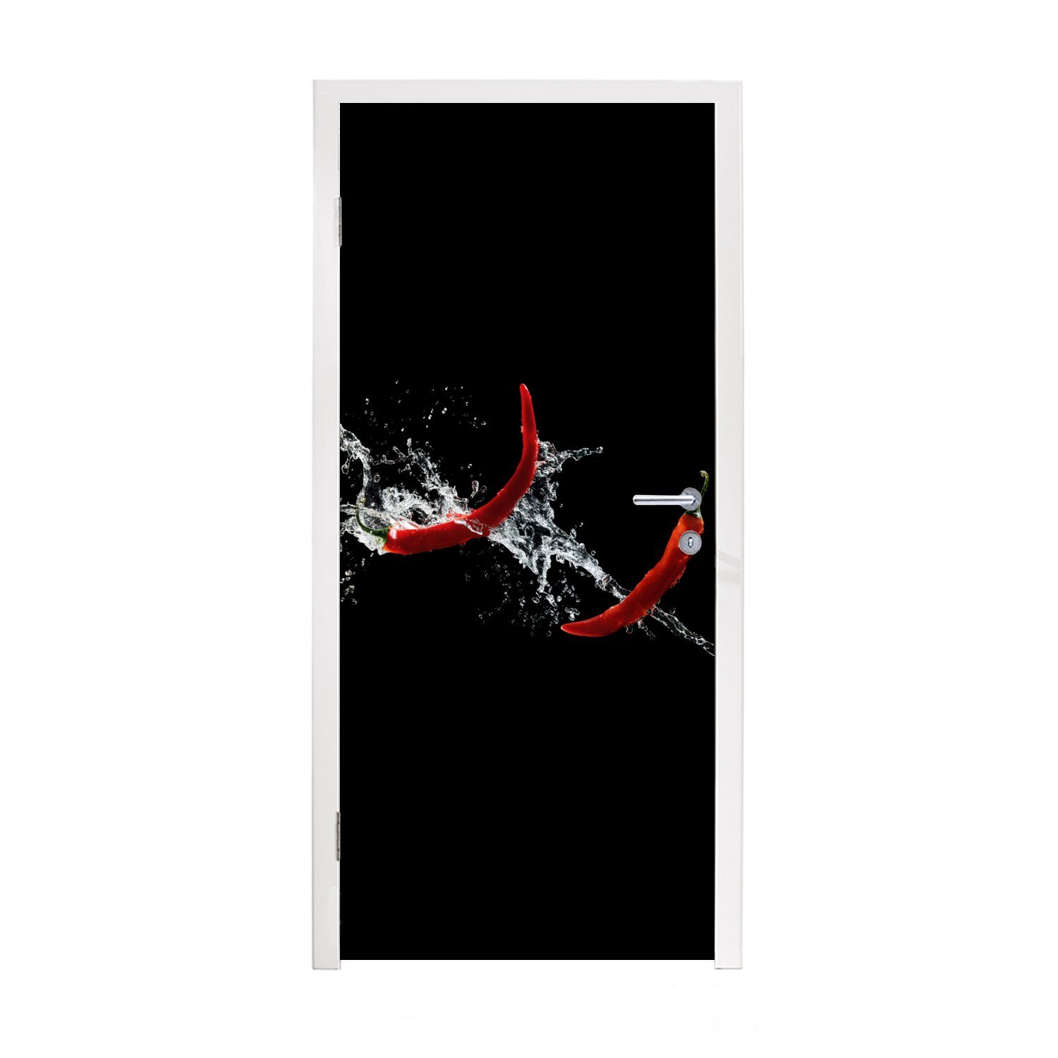 MuchoWow Türtapete Chilischote - Stilleben - Wasser - Schwarz - Rot, Matt, bedruckt, (1 St), Fototapete für Tür, Türaufkleber, 75x205 cm