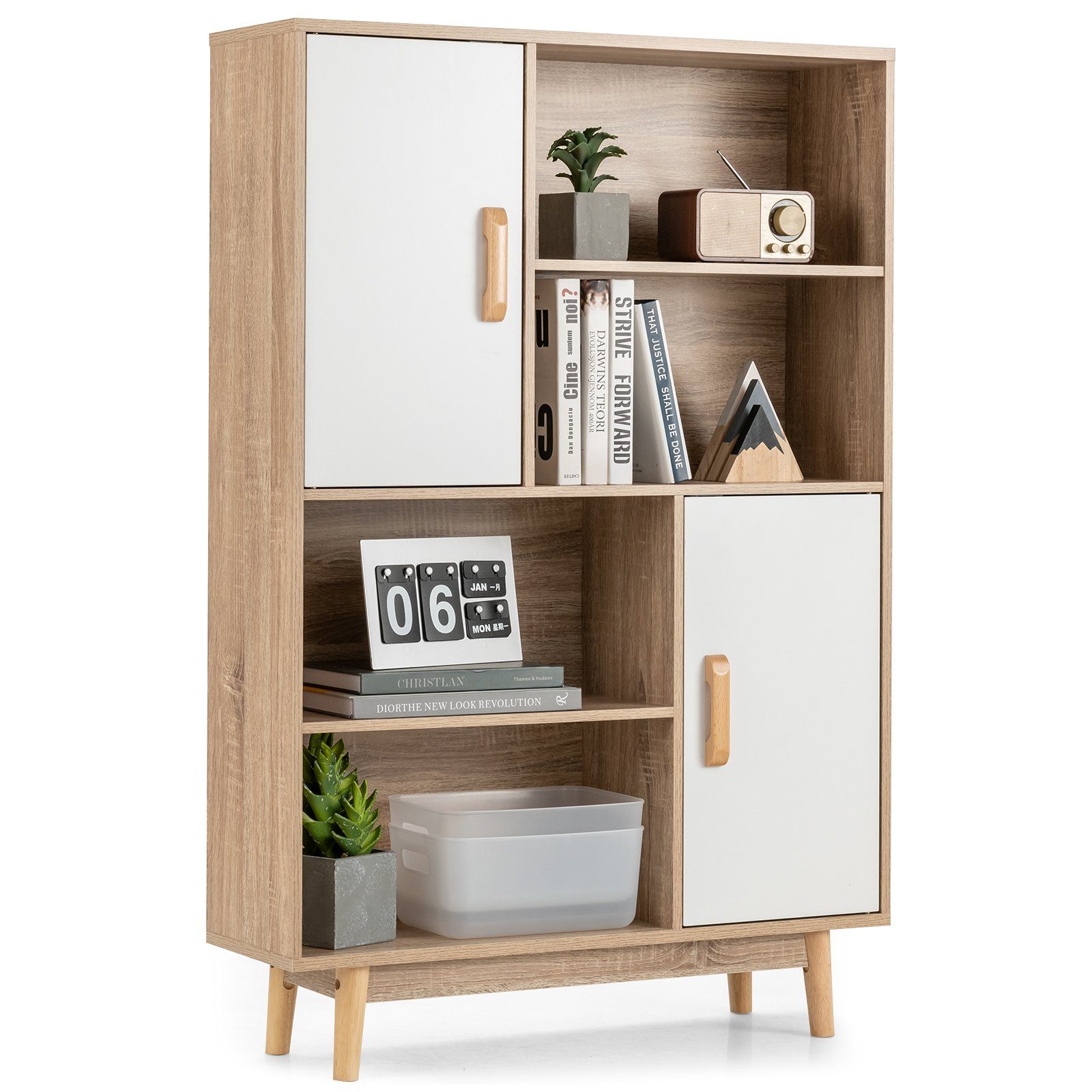 COSTWAY Bücherregal, mit 2 Türen & 4 Regalen, Kippsicherung, Holz, 80x24x120cm Weiß