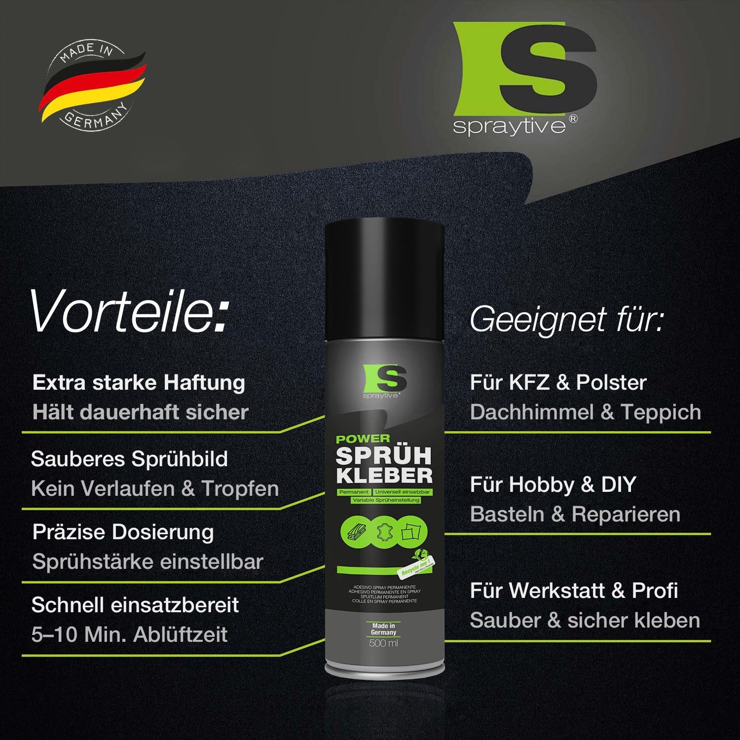 Spraytive Sprühkleber 2x 500ml Sprühkleber – für Textilien, Vlies, Schaumstoff & Dachhimmel, Made in Germany – Bild 4 von 5