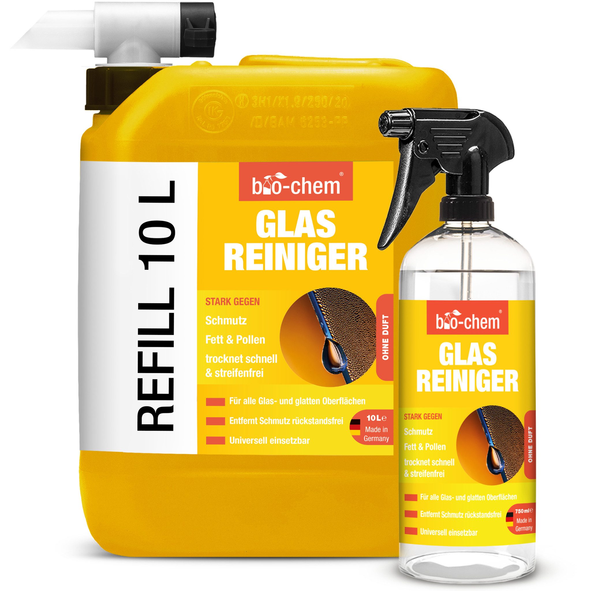 Glasreiniger 10 L Kanister + 750 ML – streifenfrei & sanft – bio-chem Glasreiniger