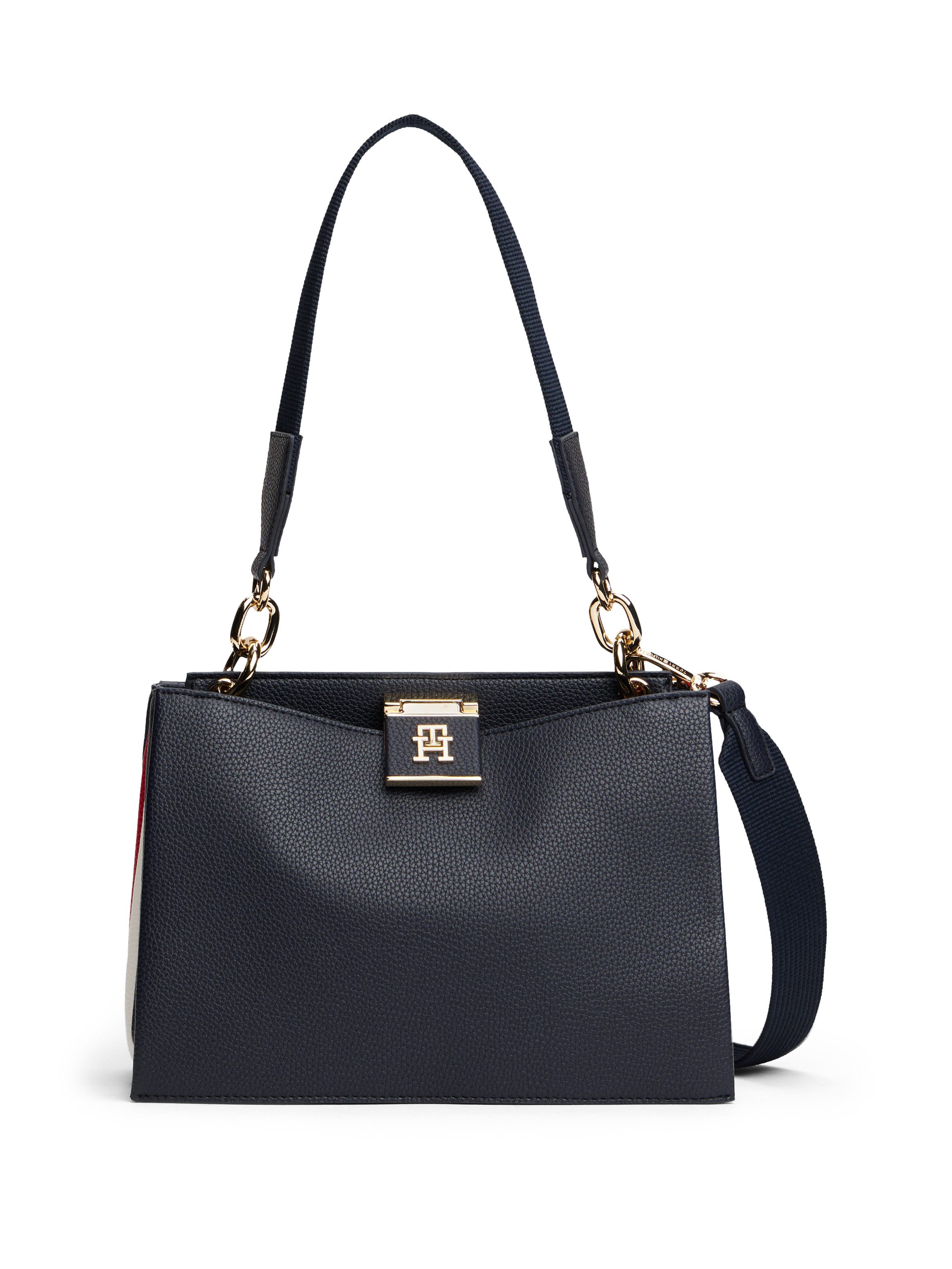 Tommy Hilfiger Satchel TH HER MED SATCHEL CORP, Damen Umhängetasche, Tragetasche mit Flaggenstreifen an der Seite