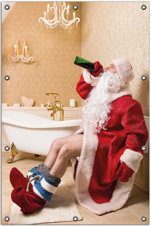Thumbnail - Wallario Sichtschutzzaunmatten Betrunkener Weihnachtsmann mit Weinflasche auf dem Klo, rund