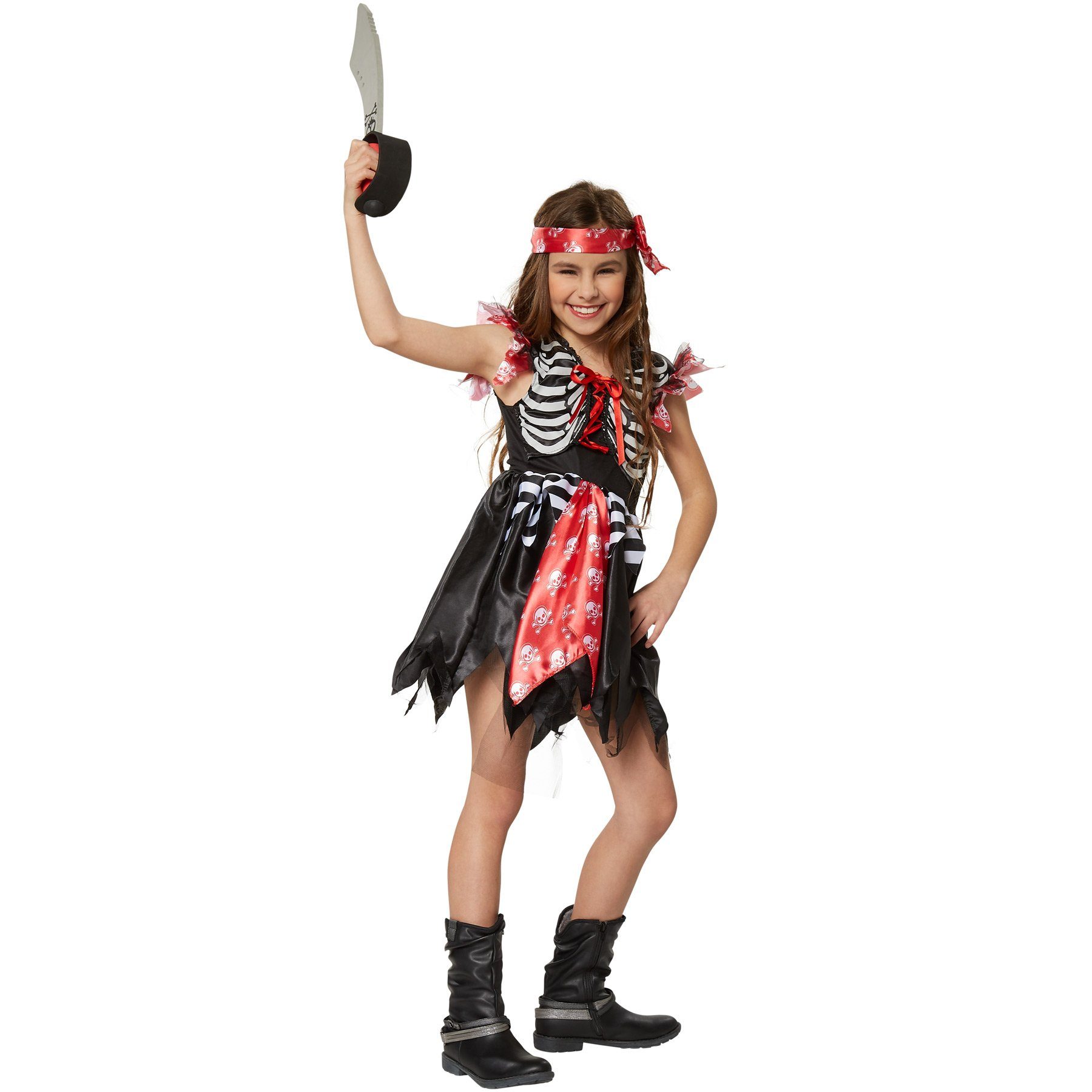 dressforfun Piraten-Kostüm Mädchenkostüm Piratenprinzessin, Ärmelloses Kleid in schwarz-weiß-roter Farbgebung