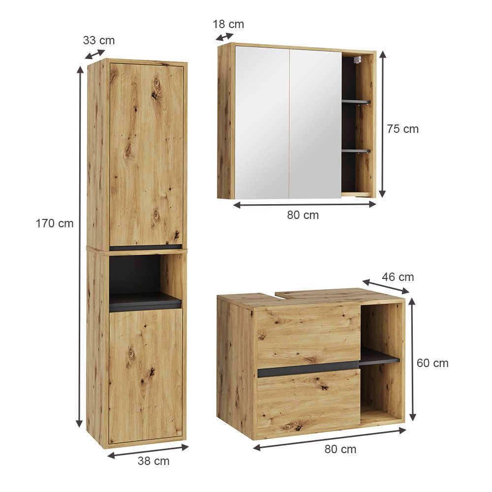 Vicco Badmöbel-Set Viola, Artisan/Grau, 3 Teile, günstig online kaufen