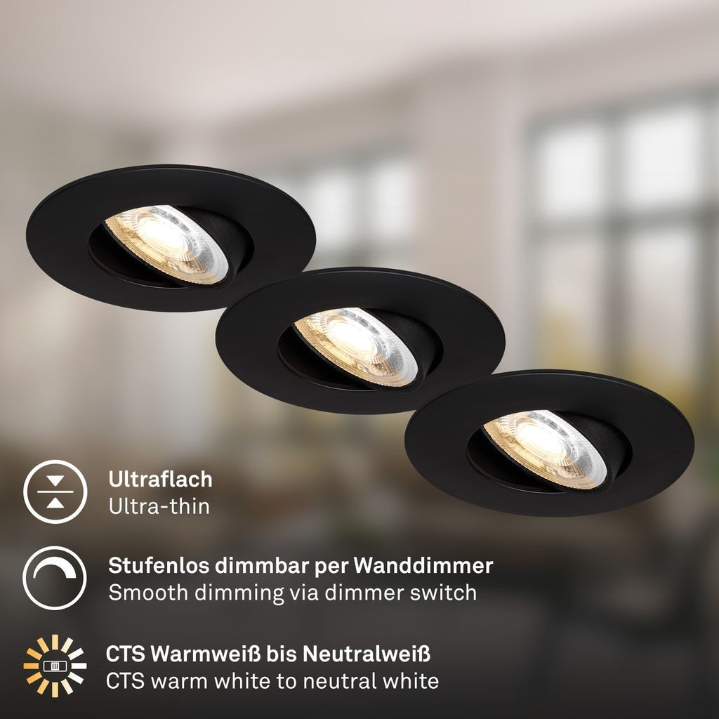 Briloner Leuchten LED Einbaustrahler LED Einbaustrahler 3er Set Schwenkbar CCT Dimmbar, LED fest integriert, 4000K - Neutralweiß, 2700K - Extra-Warmweiß, 3000K - Warmweiß, 90x24 mm, Wohnzimmer, Flur