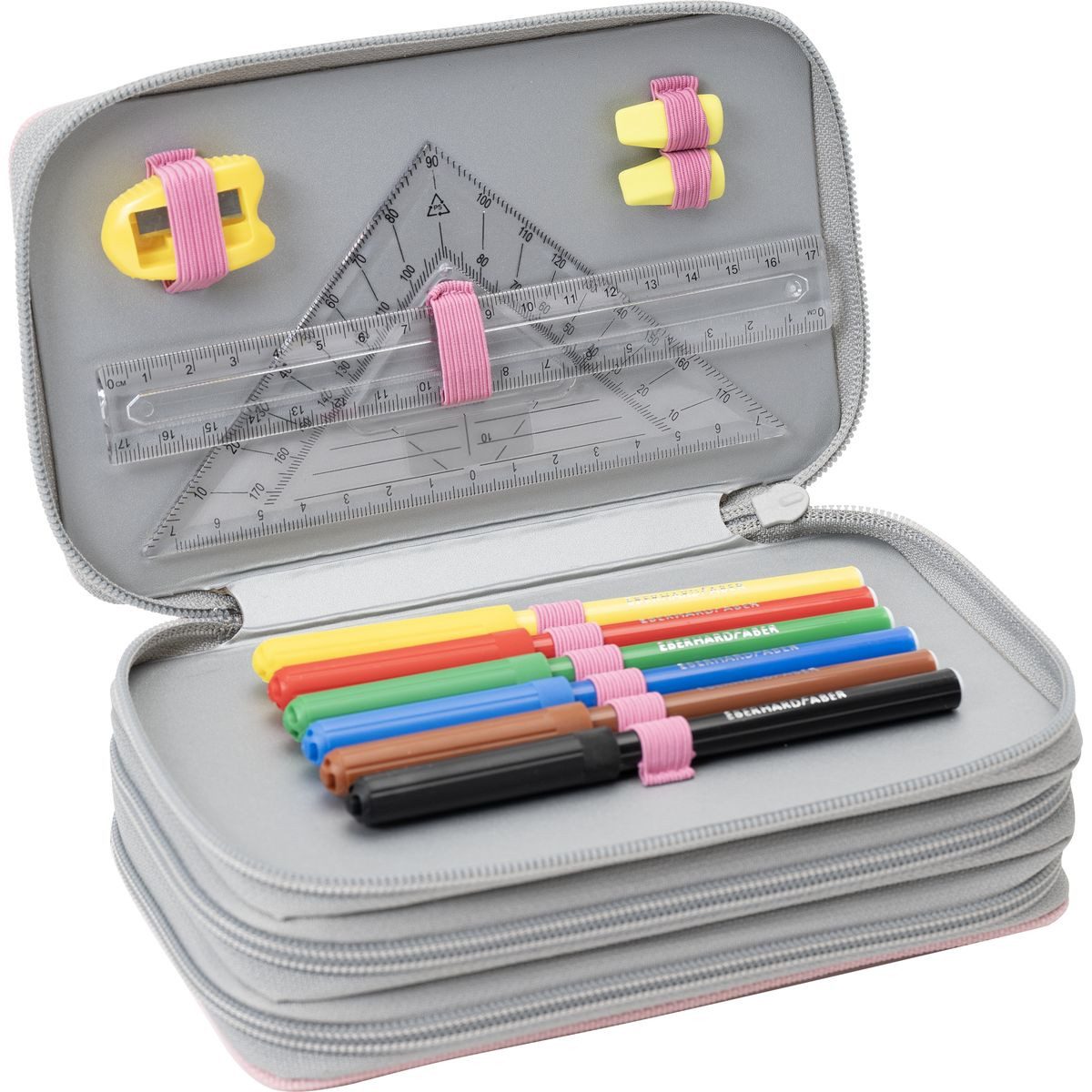Eberhard Faber Federtasche EBERHARD FABER Schüleretui Triple Decker Katze gefüllt grau/rosa 36