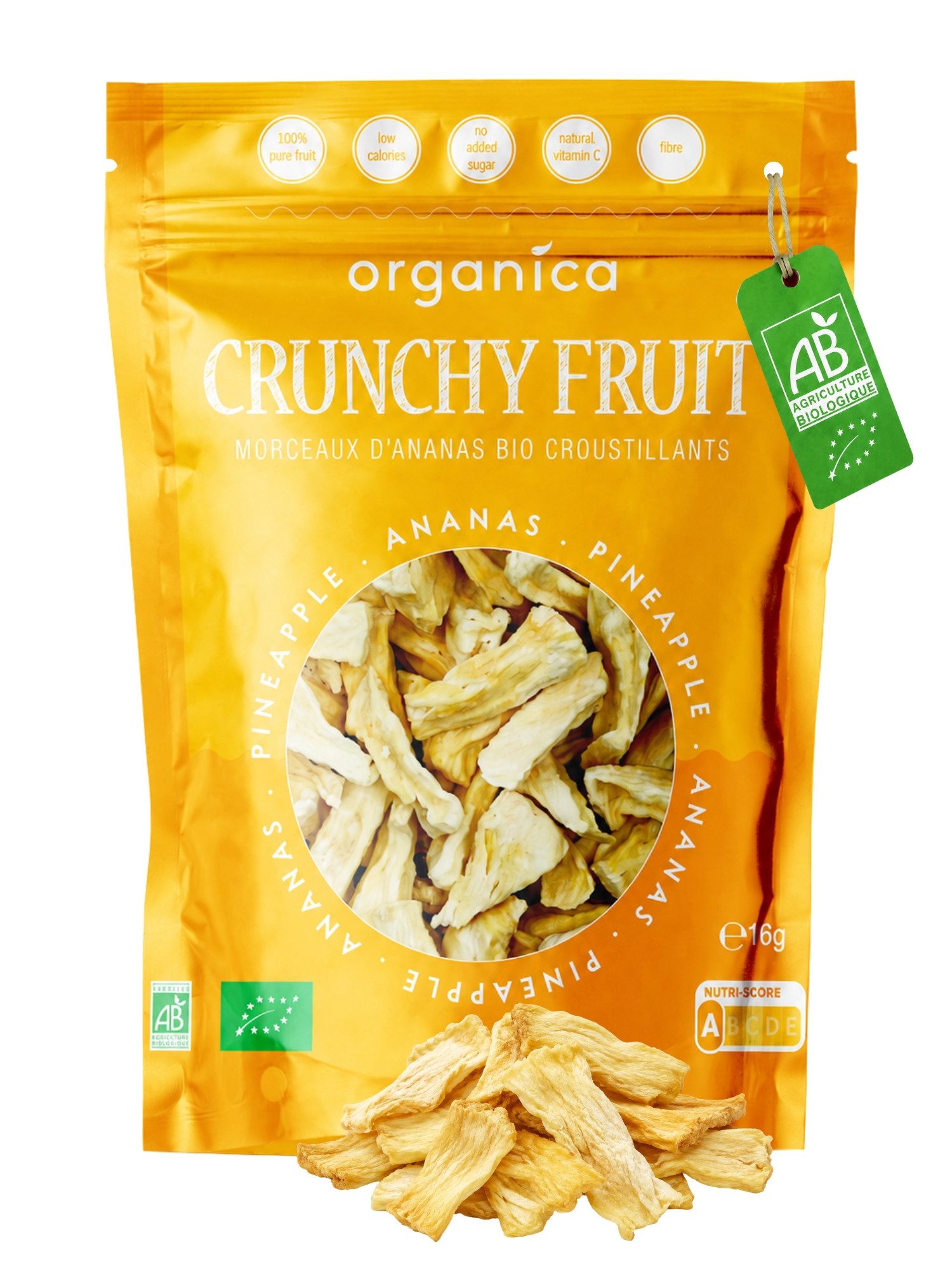 Organica Trockenfrüchte Gefriergetrocknete Bio-Ananas, knuspriger Fruchtsnack, 1 x 16 g, Bio-zertifiziert, 100 % Frucht, Ohne Zuckerzusatz, Nutri-Score A