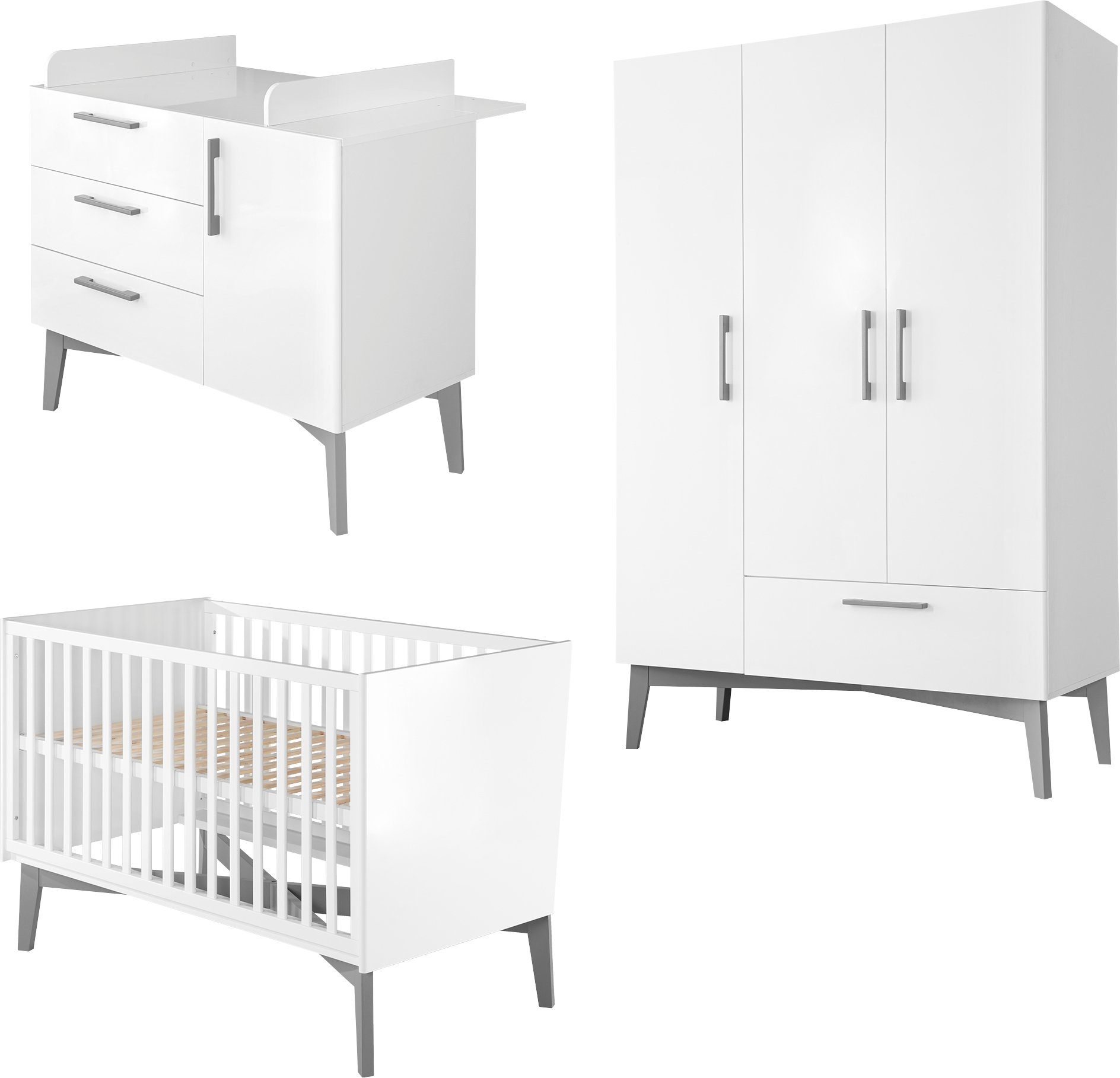 roba® Babyzimmer-Komplettset Mika, (Set, 3-St., Kombi-Kinderbett, Kleiderschrank, Wickelkommode), mit grauen Füßen im Retro Look