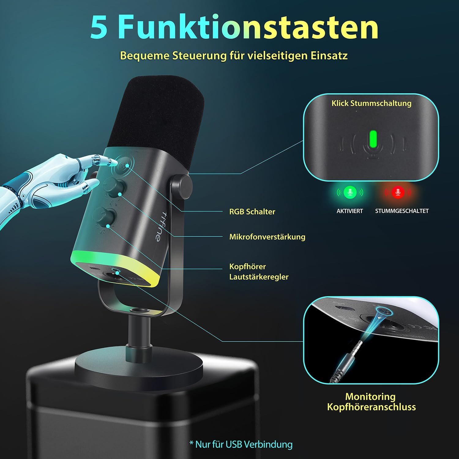 FIFINE Mikrofon XLR Mikrofon Dynamisch für Streaming Podcast Studio, USB Microphone, mit Stummschalttaste, für Gaming PC PS4/5 Mac Mixer Soundkarten – Bild 4 von 5