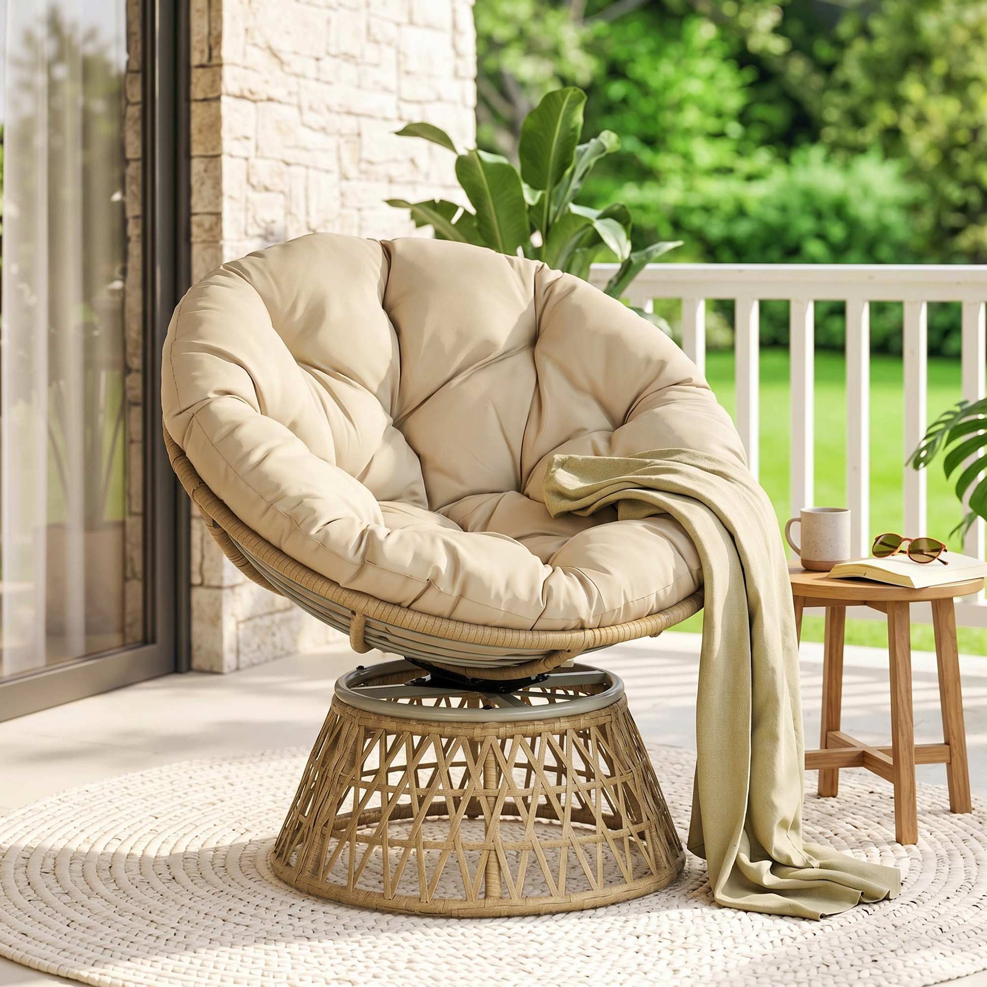 Outsunny Gartensessel Papasansessel (Rattan Sessel, 1-St., Korbsessel), Verstellbare Fußstütze 85 x 70 x 82 cm Khaki