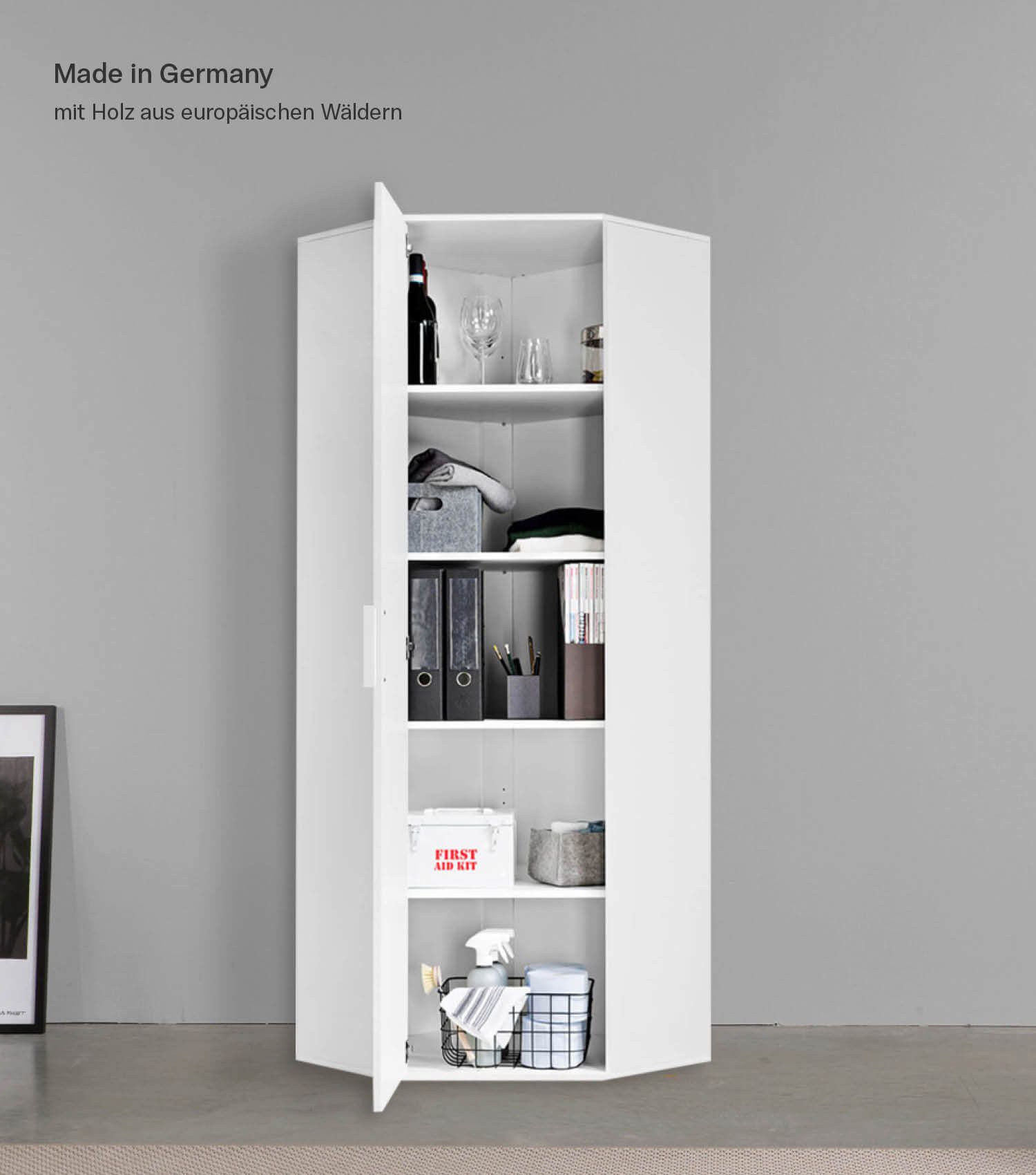 mokebo Mehrzweckschrank Der Lange Eckschrank (64x180 cm, mit 4 Einlegeböden) Eckschrank, Aktenschrank, Flurschrank oder Schrank in Weiß