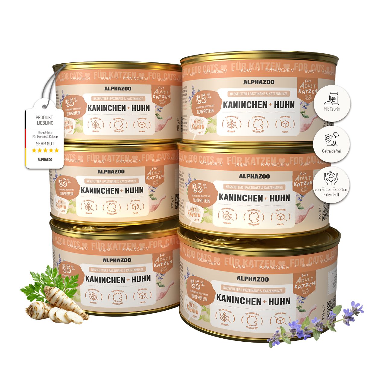 ALPHAZOO Kaninchen + Huhn Nassfutter für Katze 6x200g, hochwertiges Katzenfutter ohne Getreide & Zucker, Nassfutter für: Katzen, Getreidefreies, glutenfreies & schmackhaftes Futter Nass