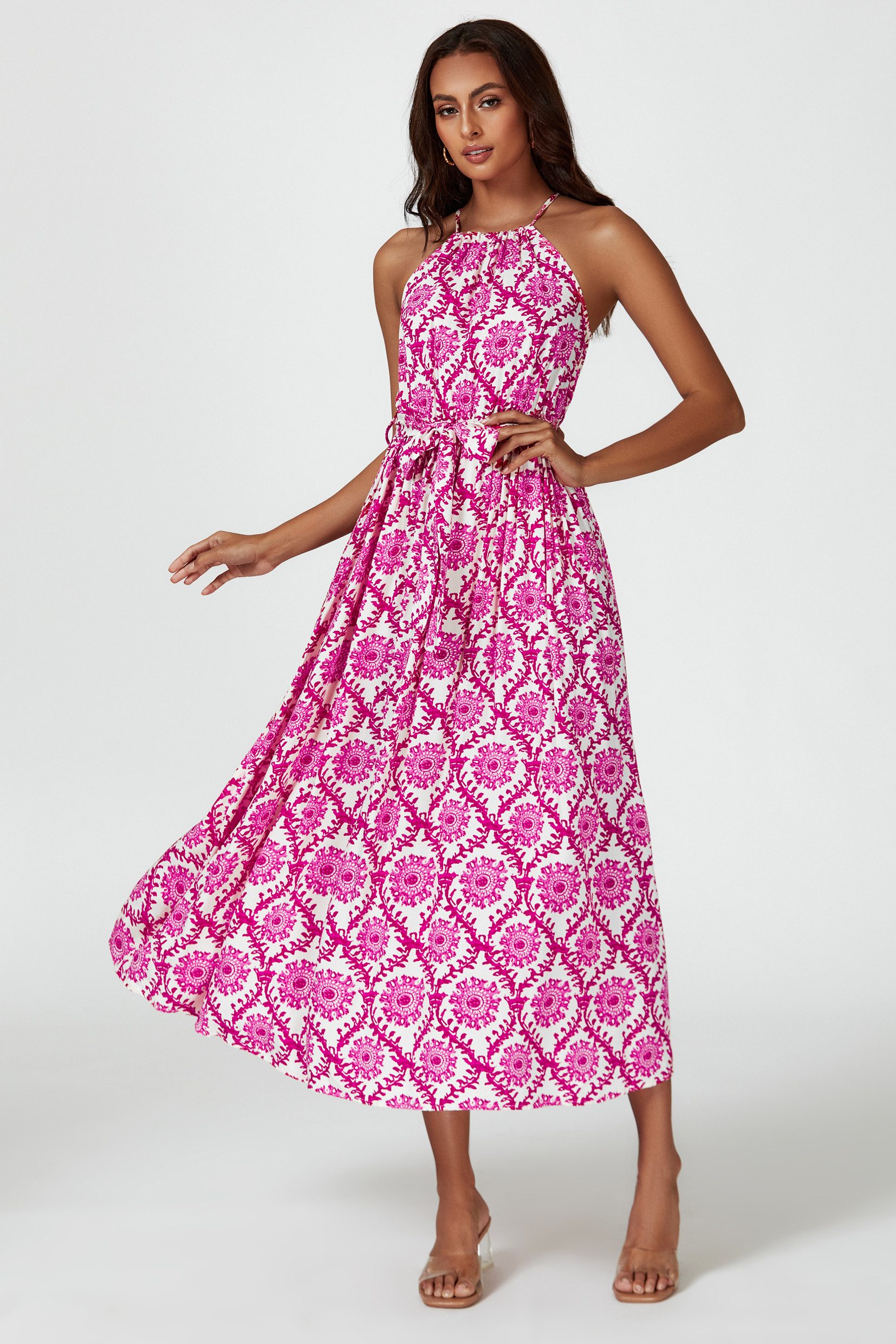 FS Collection Maxikleid Damen Maxikleid Sommerkleid Trägerkleid Ärmellos (XS (EU:36 / UK:8) · S (EU:38 / UK:10) · M (EU:40 / UK:12) · L (EU:42 / UK:14) · XL (EU:44 / UK:16), 5 Farben : Weiß-Pink, Pink, Grün, Marineblau, Offwhite-Grün) Bindegürtel, floraler Print, fließender Fall, Trägerdesign
